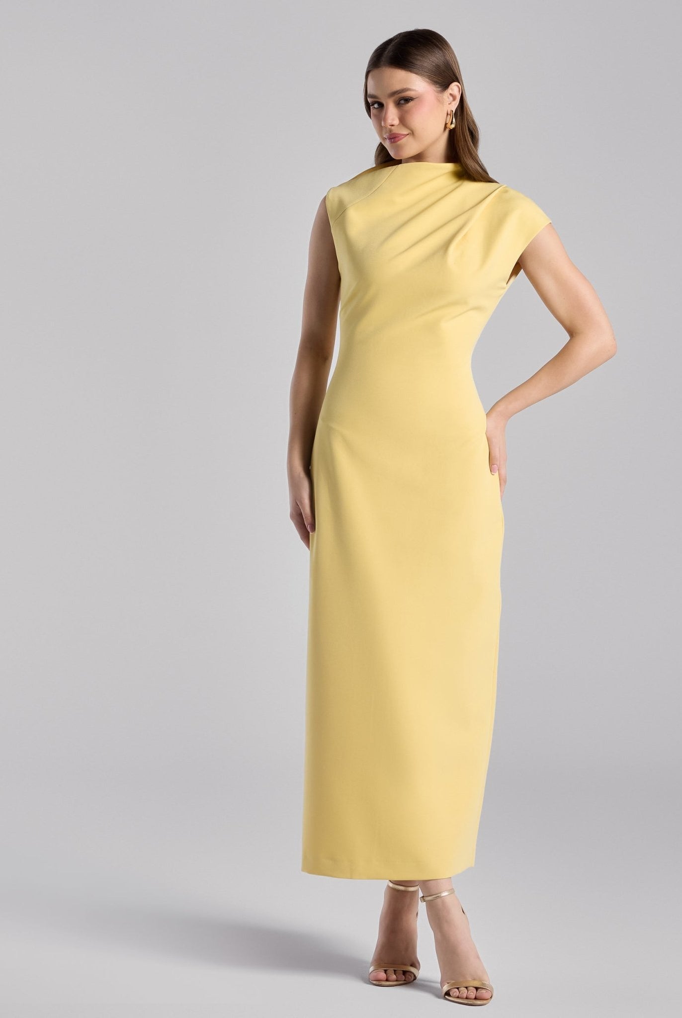Yellow Draped Shoulder Short Sleeve Midi Dress - shopaleena