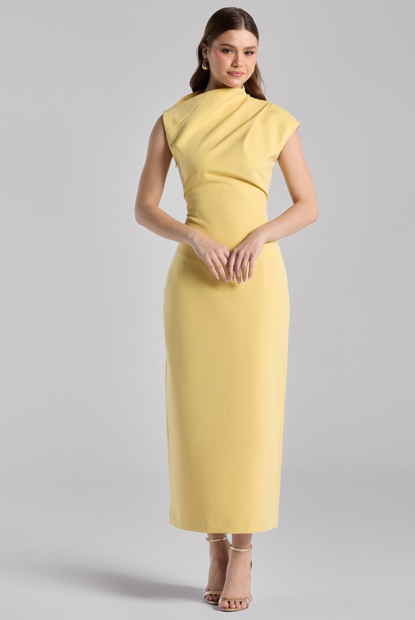 Yellow Draped Shoulder Short Sleeve Midi Dress - shopaleena