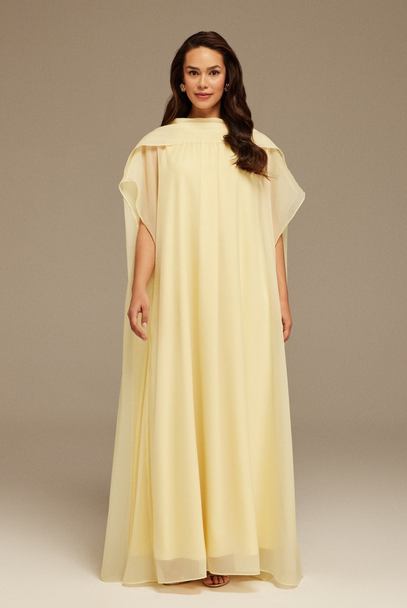 Yellow Halter Neckline Maxi Dress With Cape with scarf - shopaleena