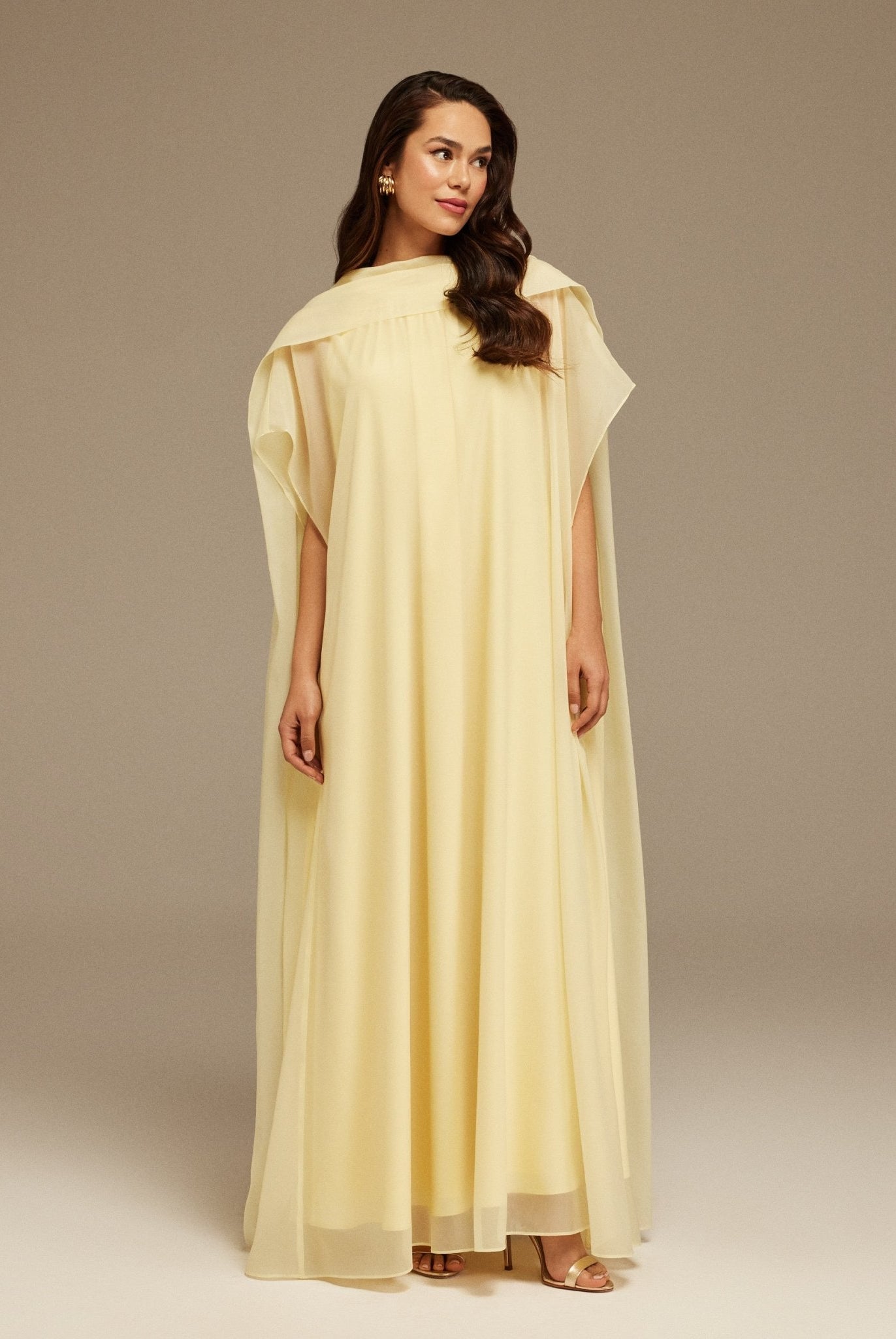 Yellow Halter Neckline Maxi Dress With Cape with scarf - shopaleena