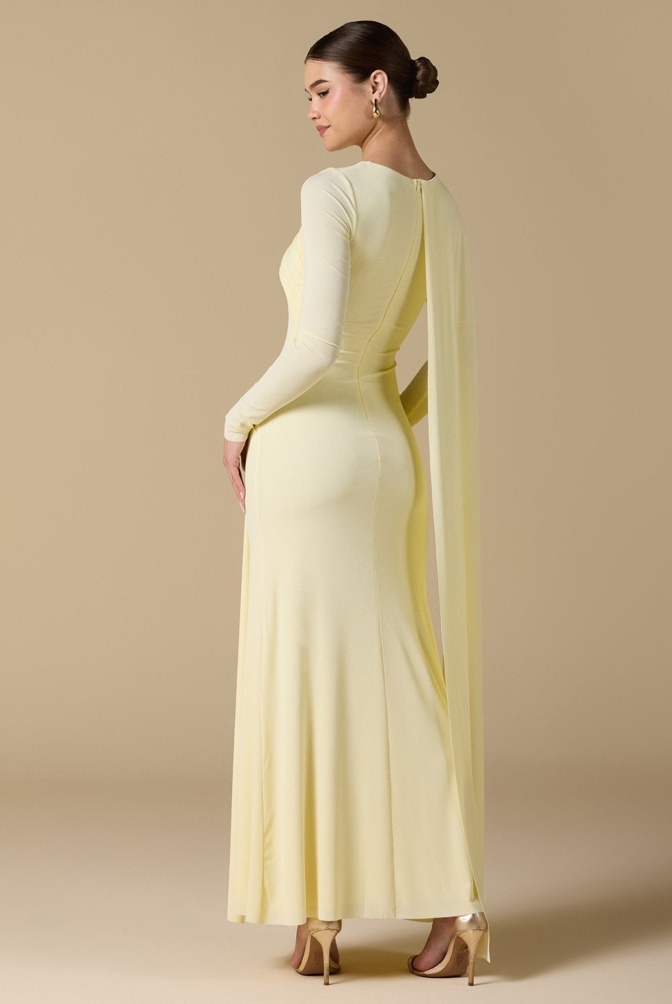 Yellow Jersey Draped Maxi Dress with Back Scarf - shopaleena