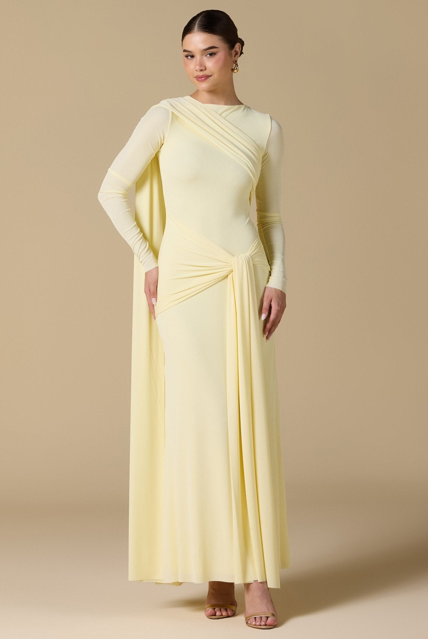 Yellow Jersey Draped Maxi Dress with Back Scarf - shopaleena