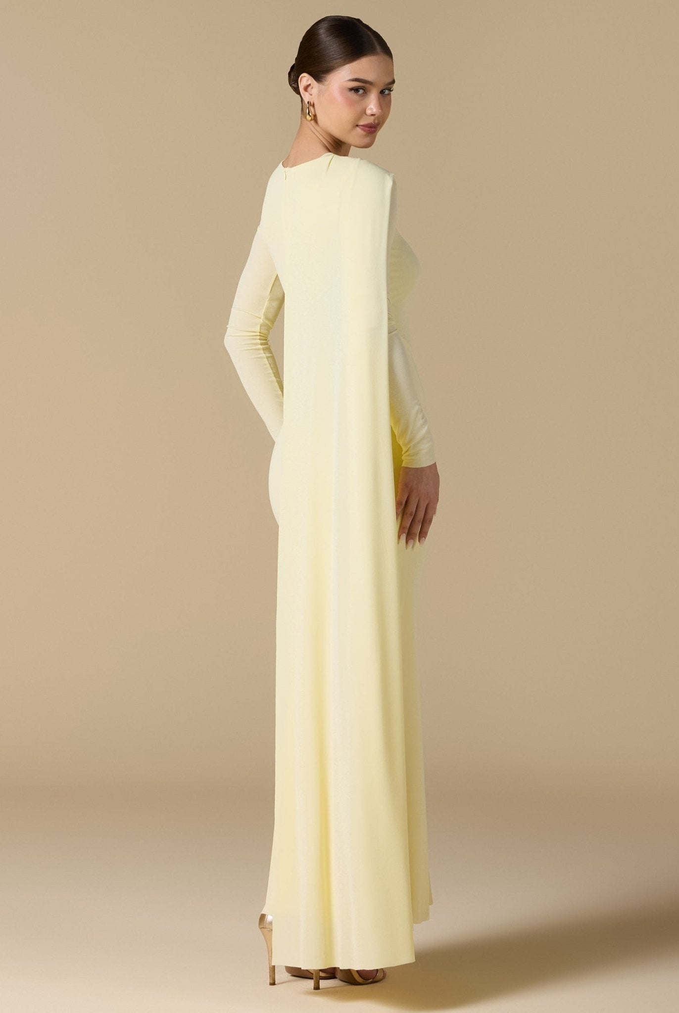 Yellow Jersey Draped Maxi Dress with Back Scarf - shopaleena
