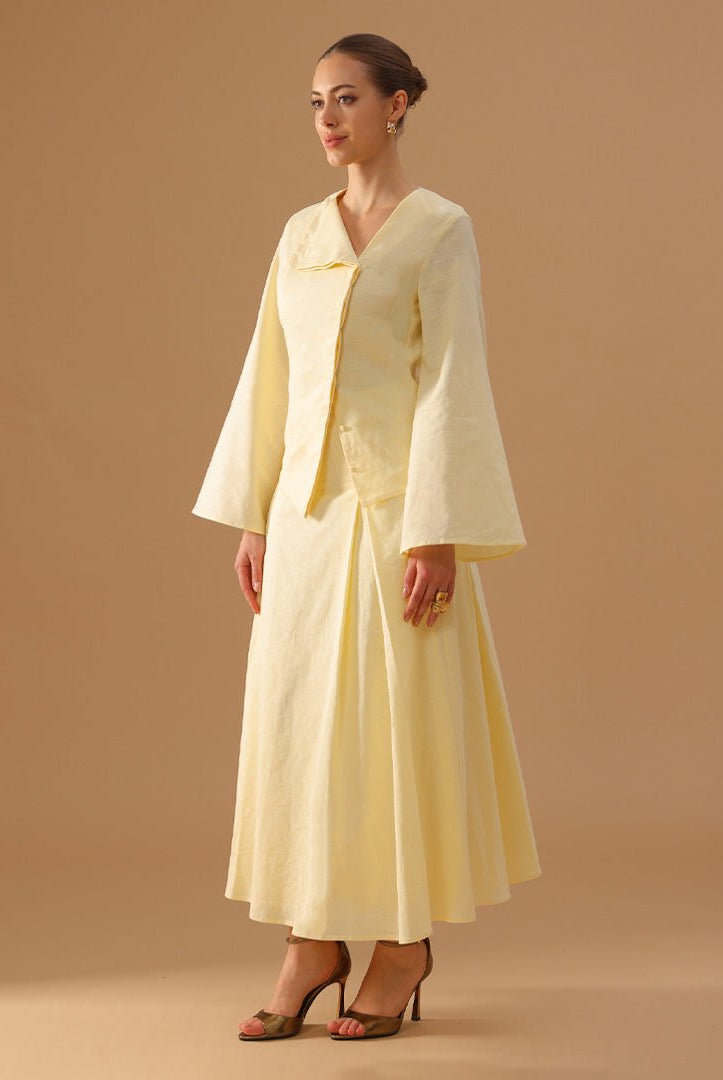 Yellow Long - sleeve linen blend set Top And Skirt - shopaleena
