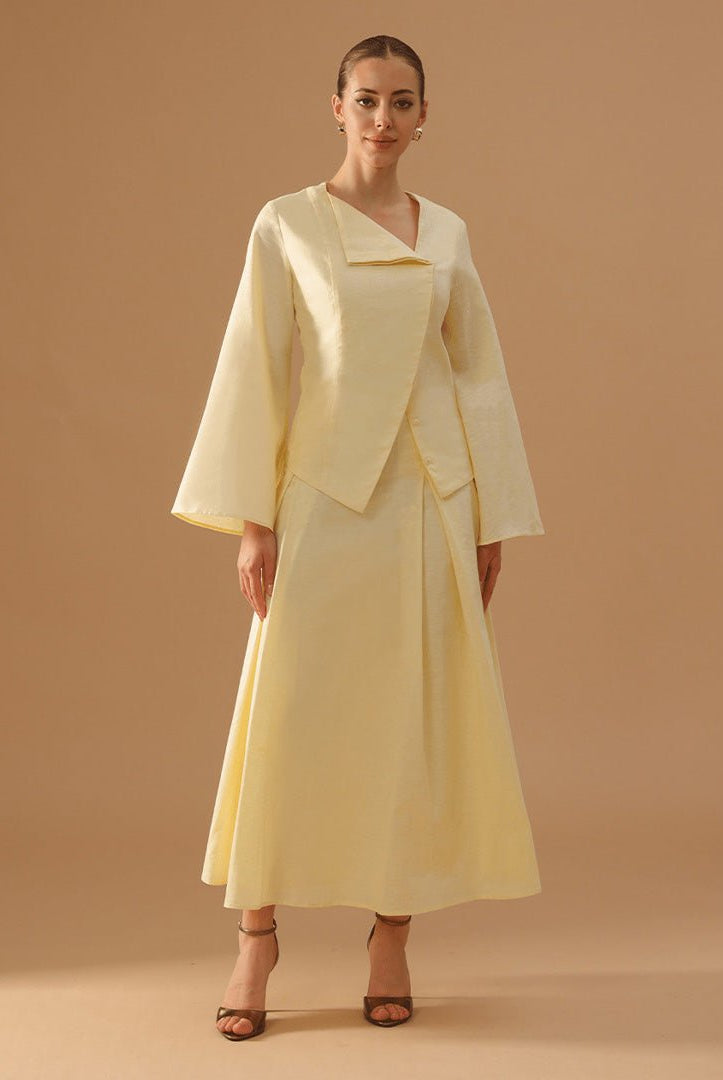 Yellow Long - sleeve linen blend set Top And Skirt - shopaleena
