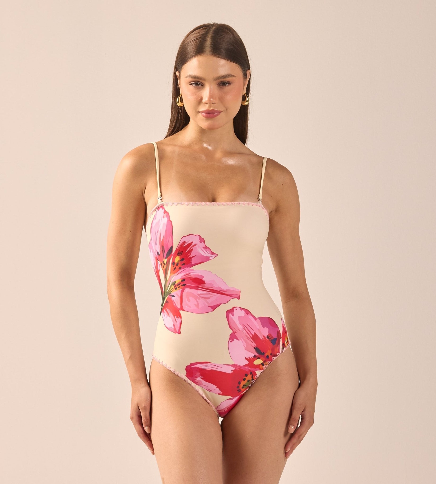 Yellow One Piece Swimsuit with Pink Embroidery - shopaleena