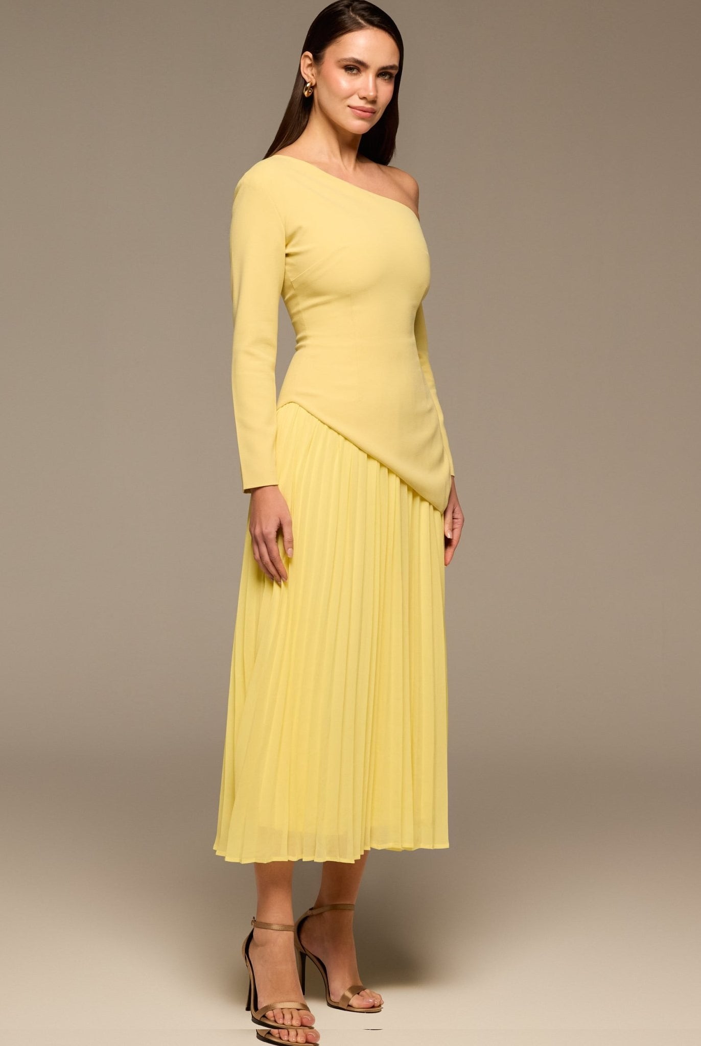 Yellow One Shoulder A Line Crepe Dress - shopaleena