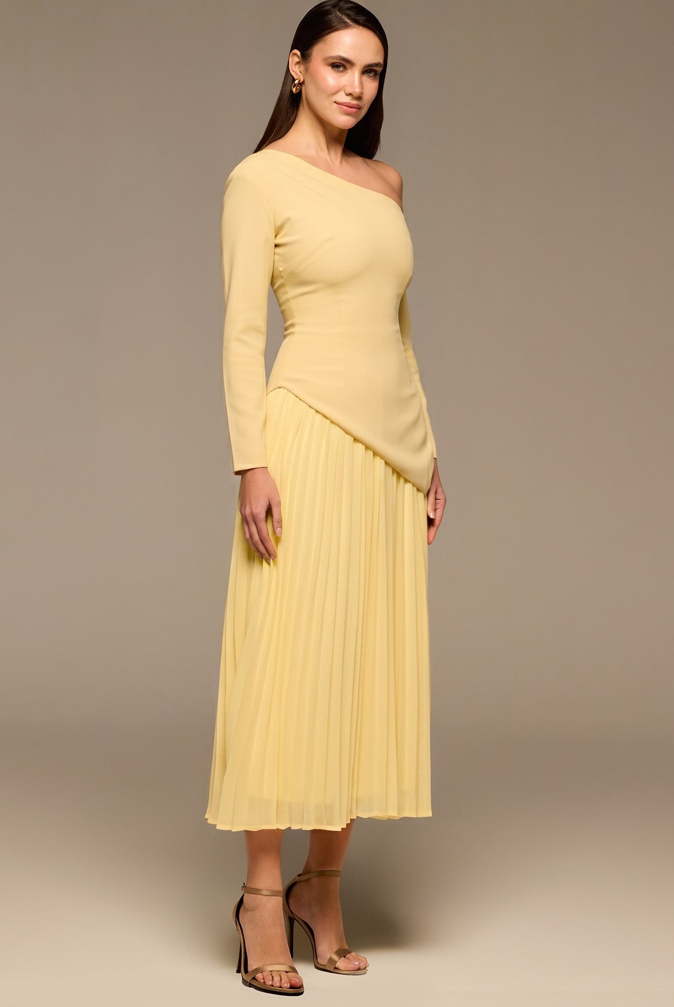 Yellow One Shoulder A Line Crepe Dress - shopaleena