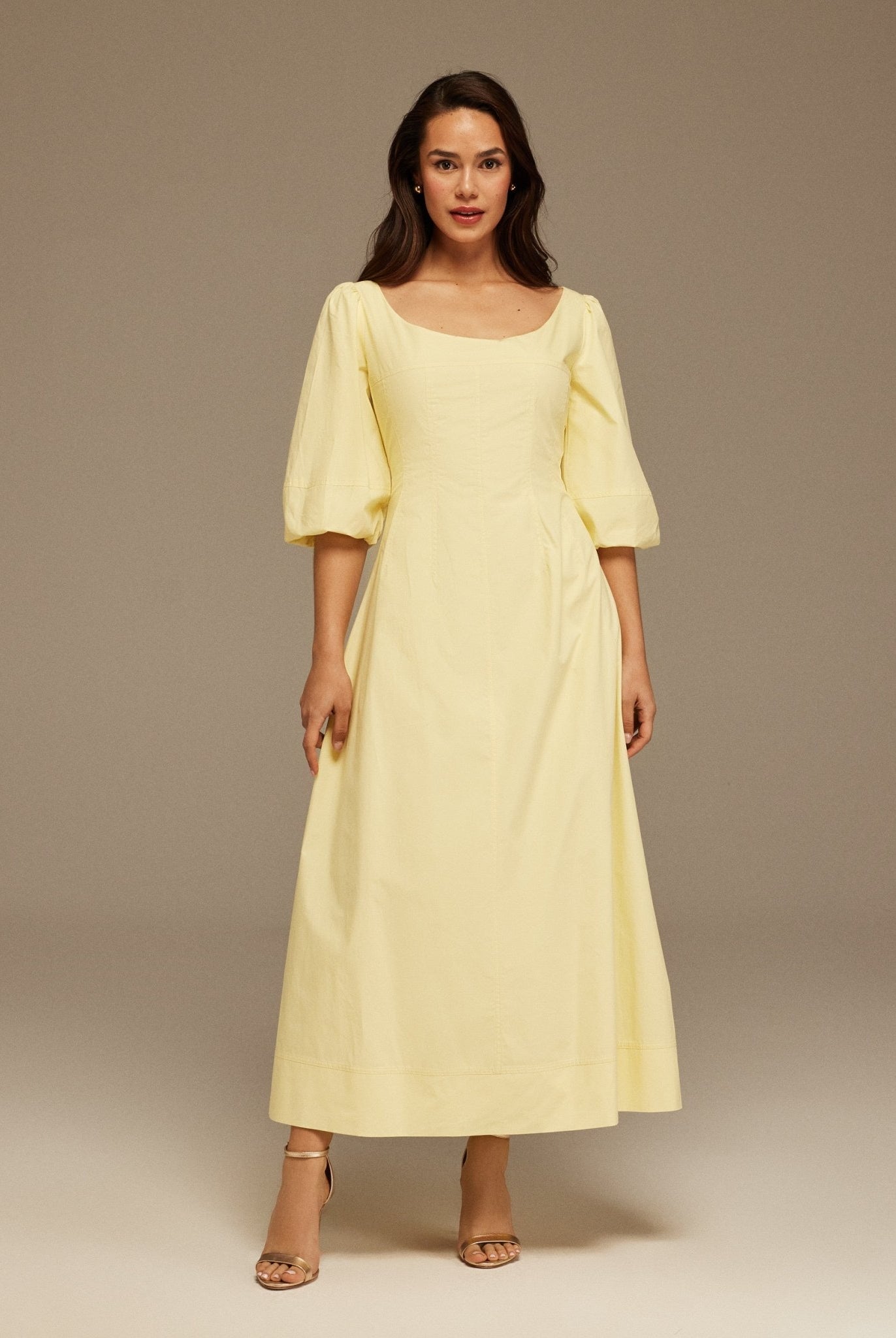 Yellow Puffed Sleeve Aline Poplin Dress - shopaleena