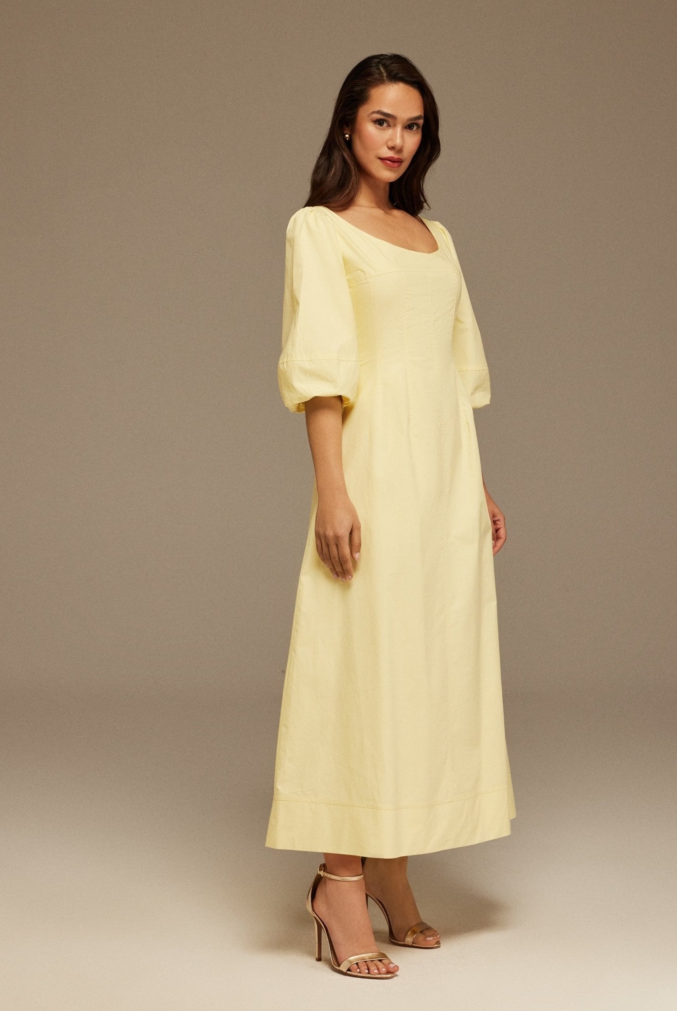Yellow Puffed Sleeve Aline Poplin Dress - shopaleena