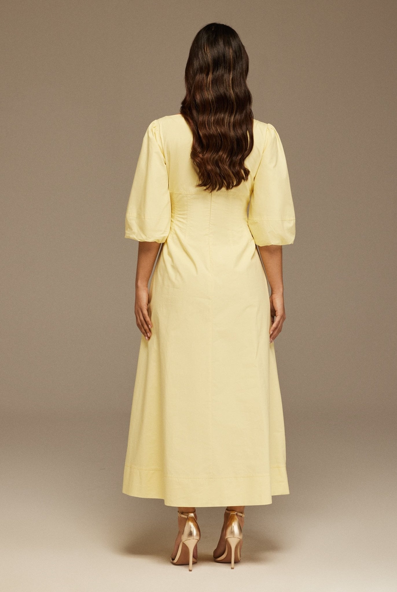 Yellow Puffed Sleeve Aline Poplin Dress - shopaleena