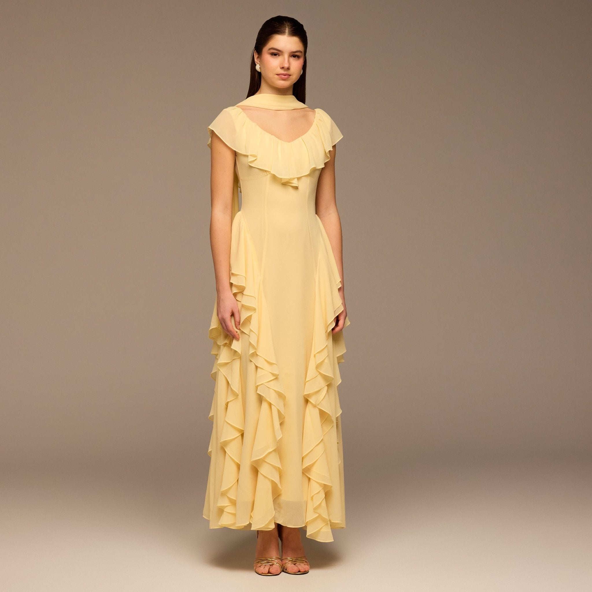 Yellow Ruffle Chiffon Maxi Dress - shopaleena