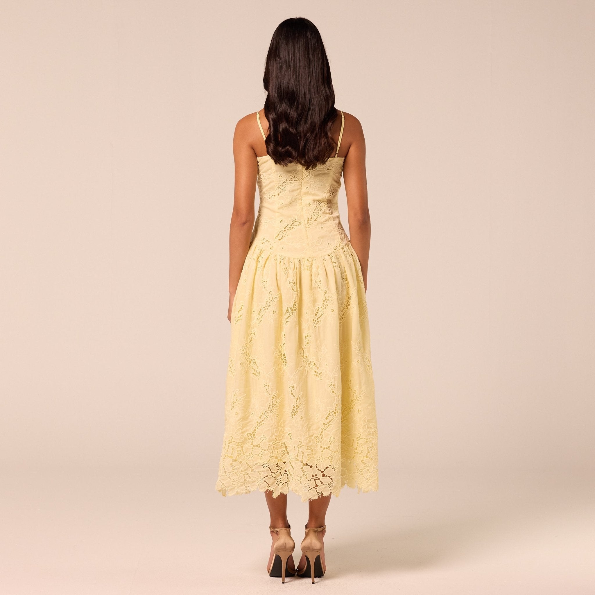 Yellow Spaghetti Strap Floral Lace Midi Dress - shopaleena
