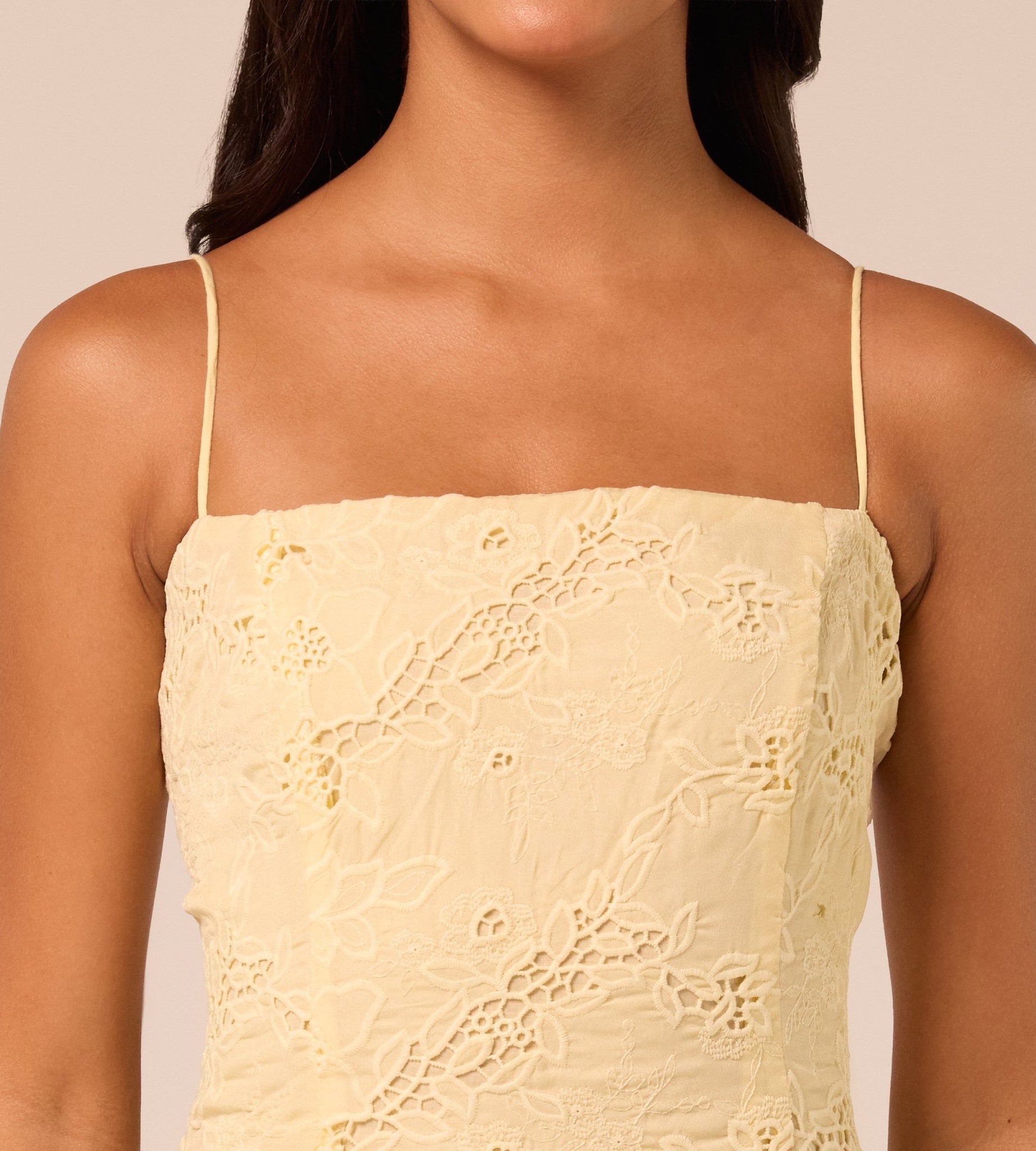 Yellow Spaghetti Strap Floral Lace Midi Dress - shopaleena