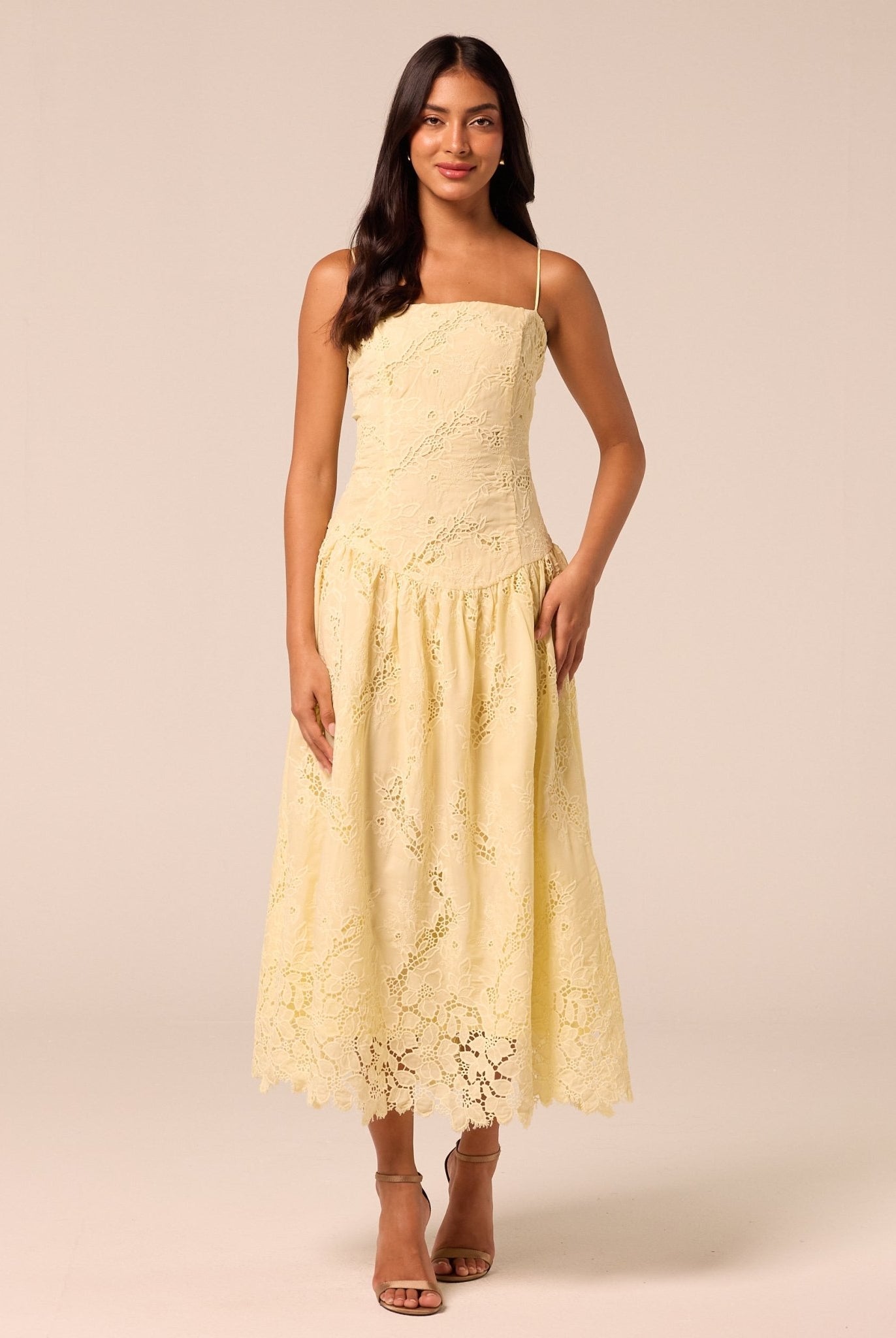 Yellow Spaghetti Strap Floral Lace Midi Dress - shopaleena