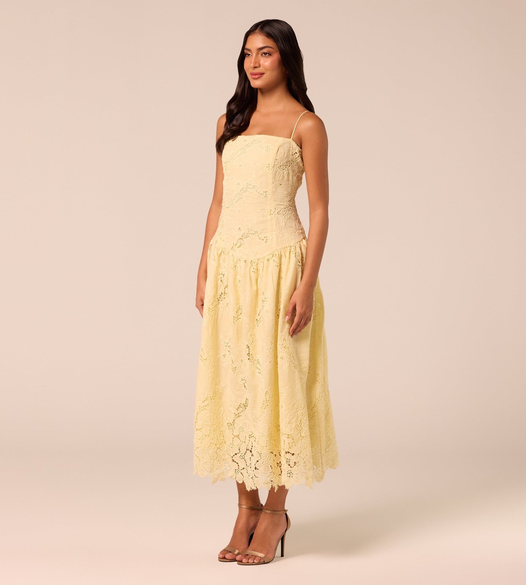 Yellow Spaghetti Strap Floral Lace Midi Dress - shopaleena