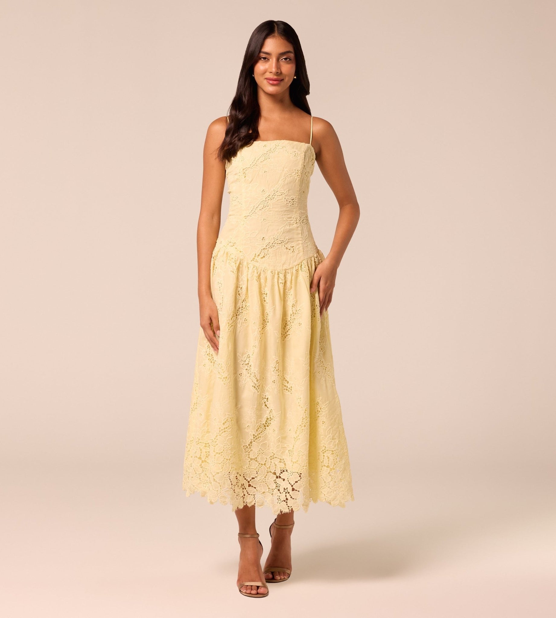 Yellow Spaghetti Strap Floral Lace Midi Dress - shopaleena
