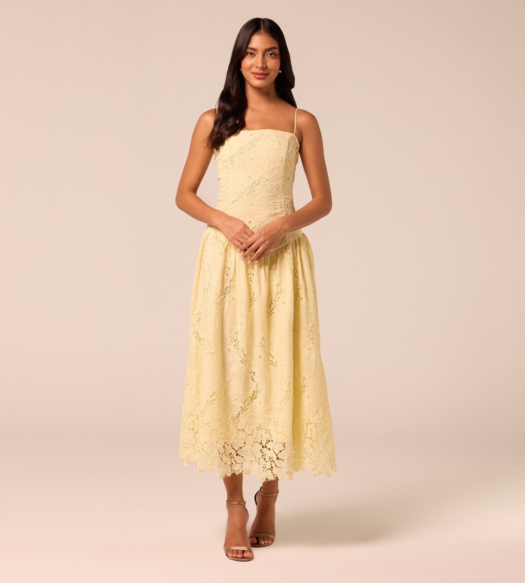 Yellow Spaghetti Strap Floral Lace Midi Dress - shopaleena