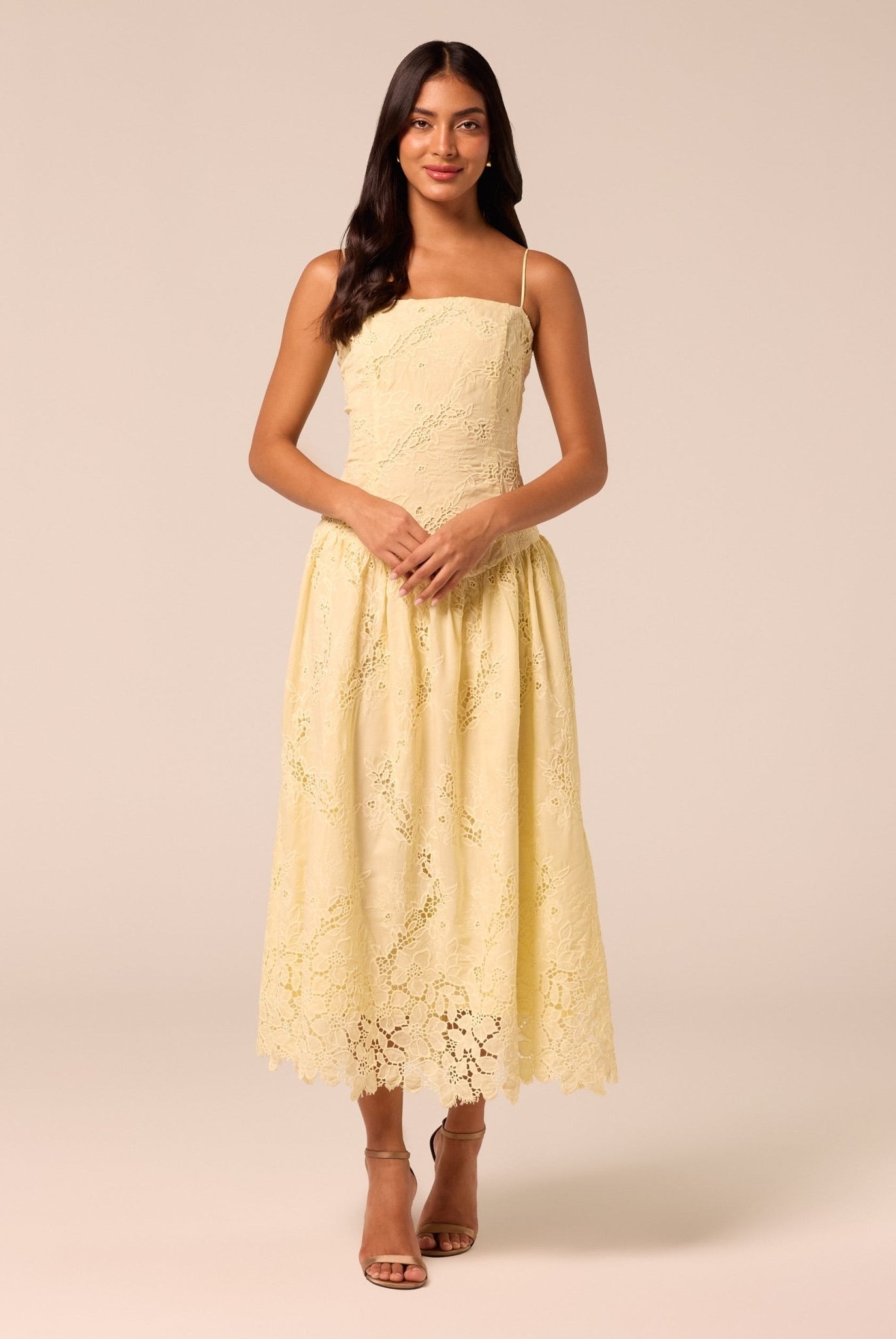 Yellow Spaghetti Strap Floral Lace Midi Dress - shopaleena