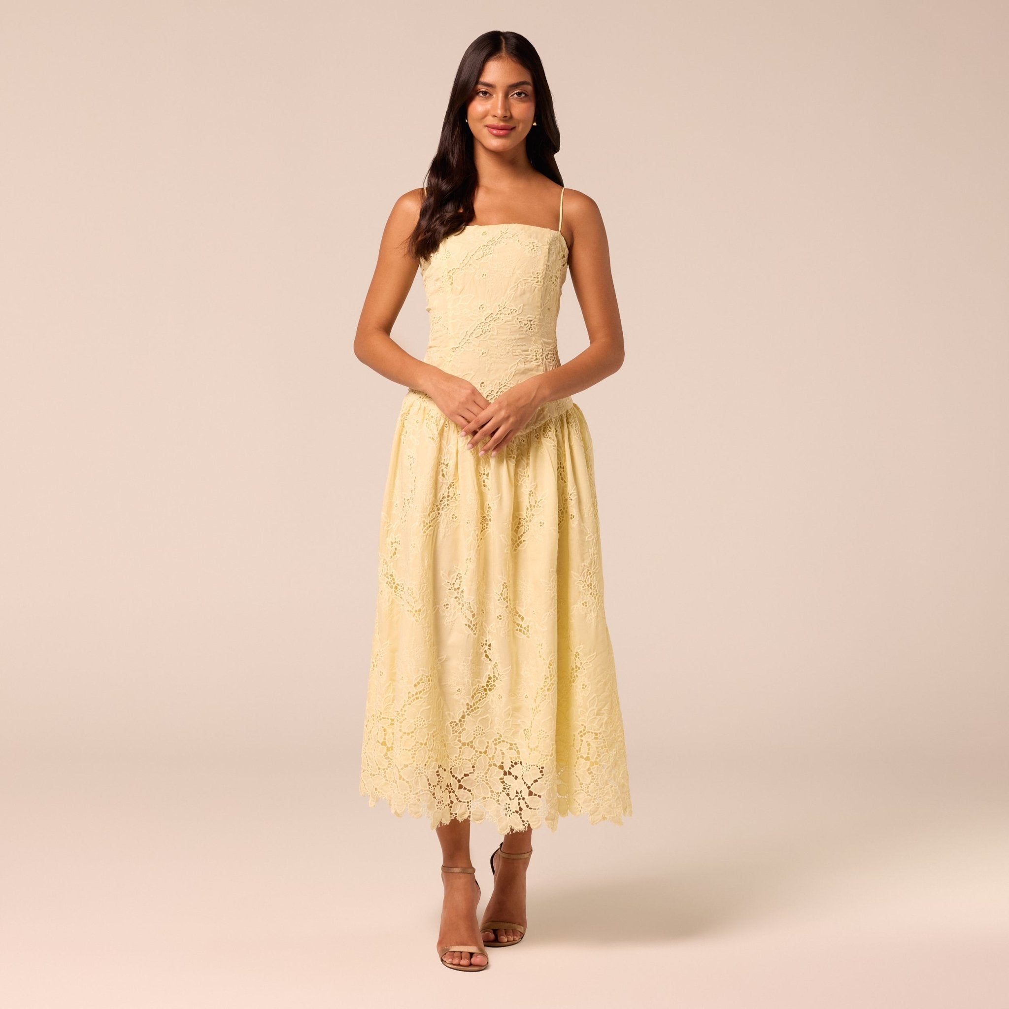 Yellow Spaghetti Strap Floral Lace Midi Dress - shopaleena
