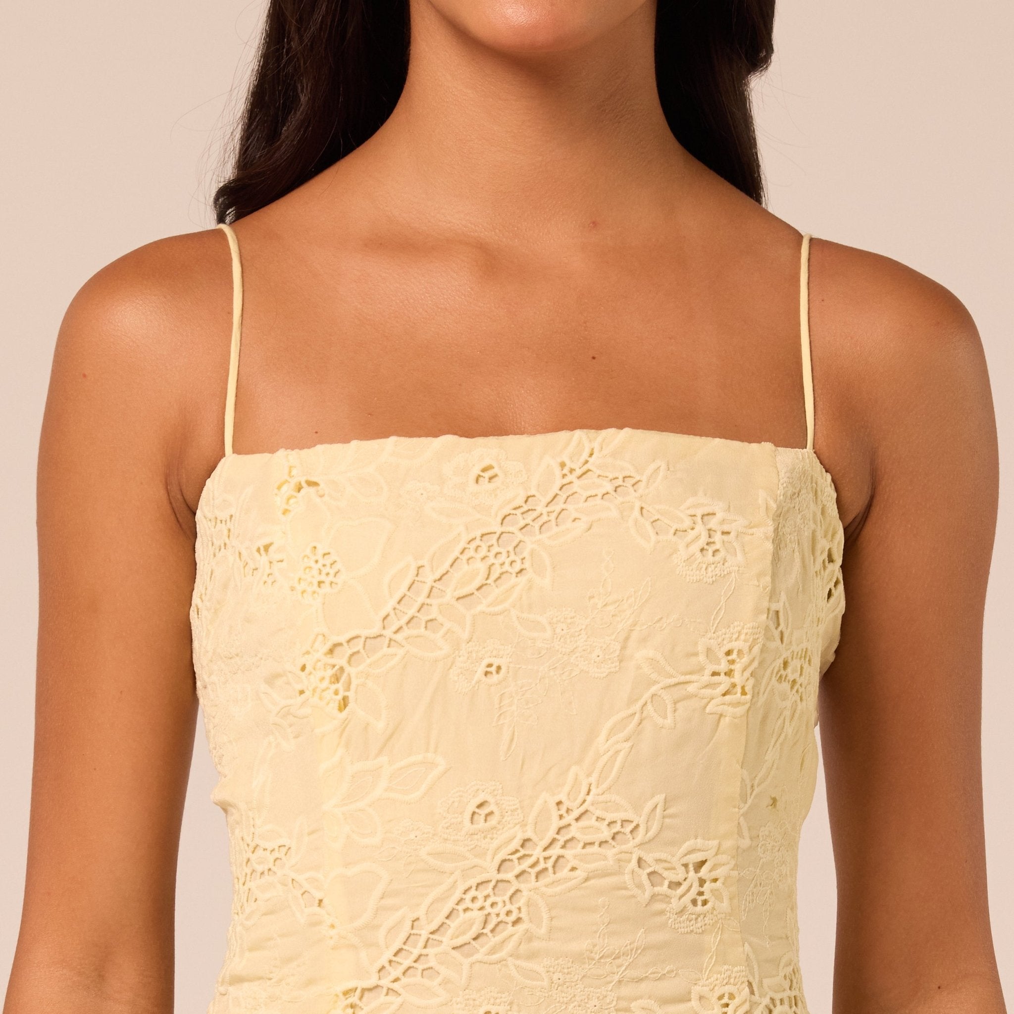 Yellow Spaghetti Strap Floral Lace Midi Dress - shopaleena