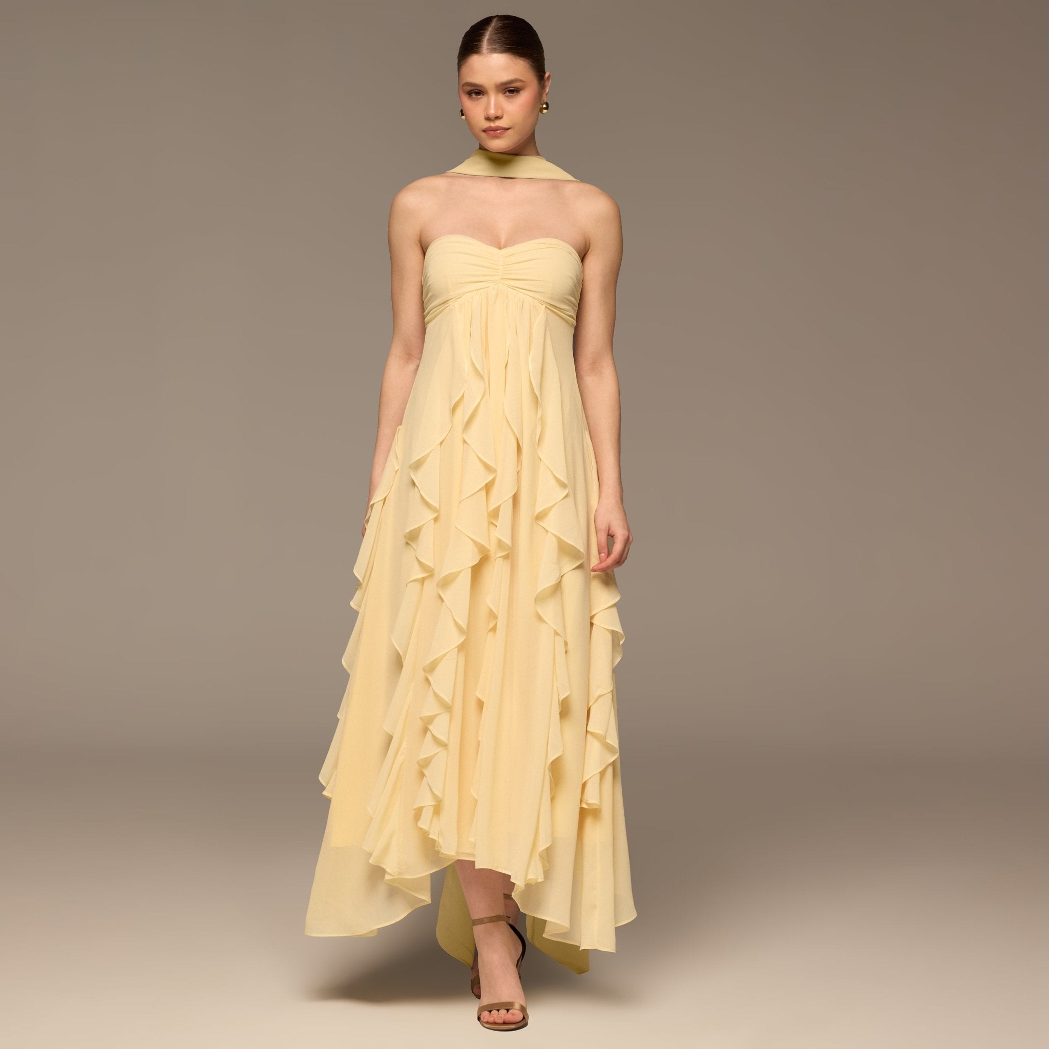 Yellow Strapless Ruffle Chiffon Maxi Dress - shopaleena