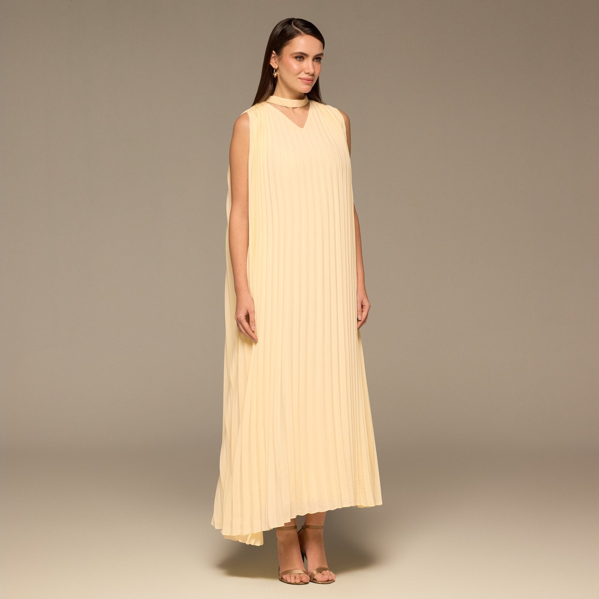 Yellow V - Neck All Over Pleated Chiffon Maxi Dress - shopaleena