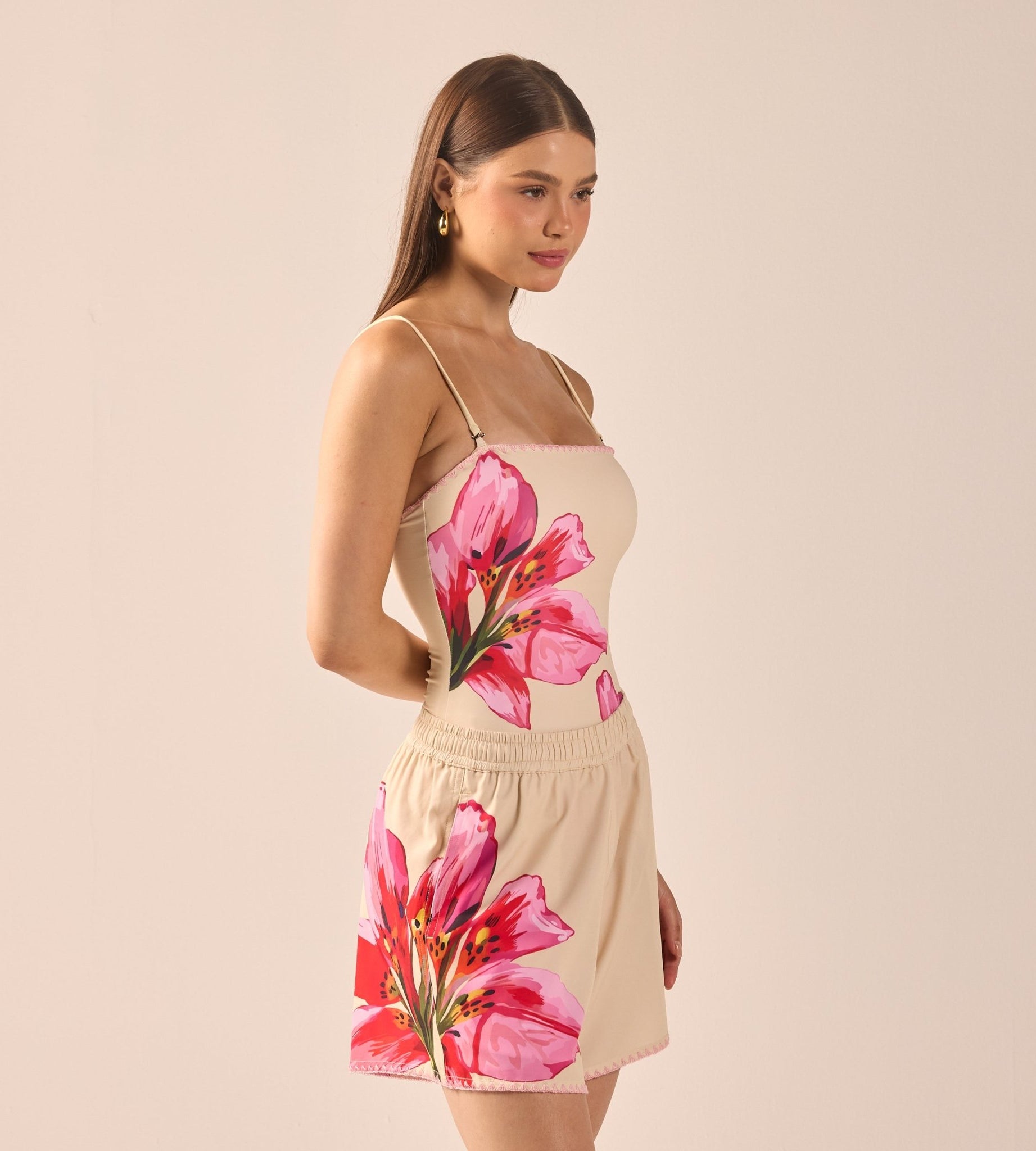 Yellow Wide Leg Swim Shorts with Pink Embroidery - shopaleena