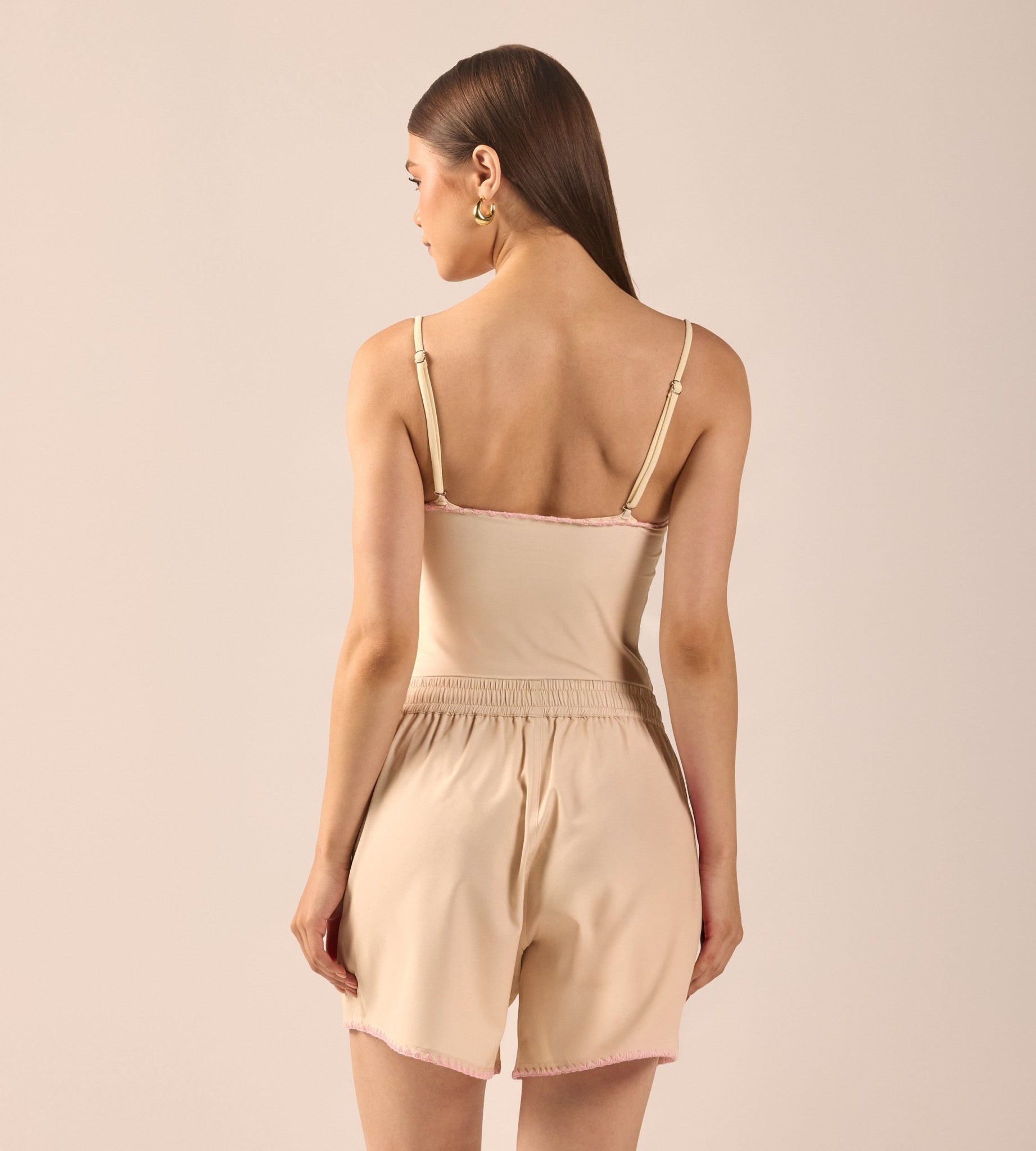 Yellow Wide Leg Swim Shorts with Pink Embroidery - shopaleena