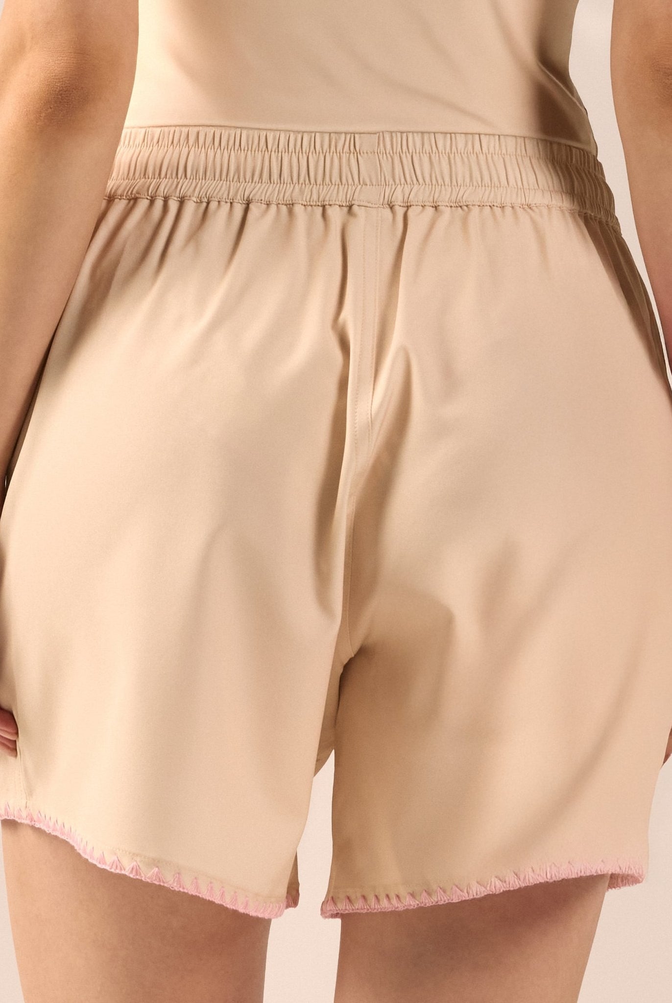 Yellow Wide Leg Swim Shorts with Pink Embroidery - shopaleena