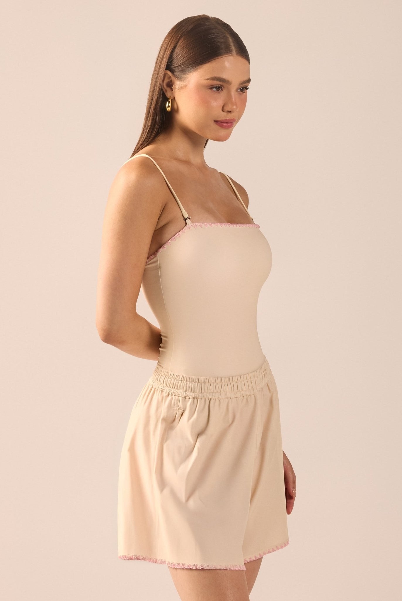 Yellow Wide Leg Swim Shorts with Pink Embroidery - shopaleena