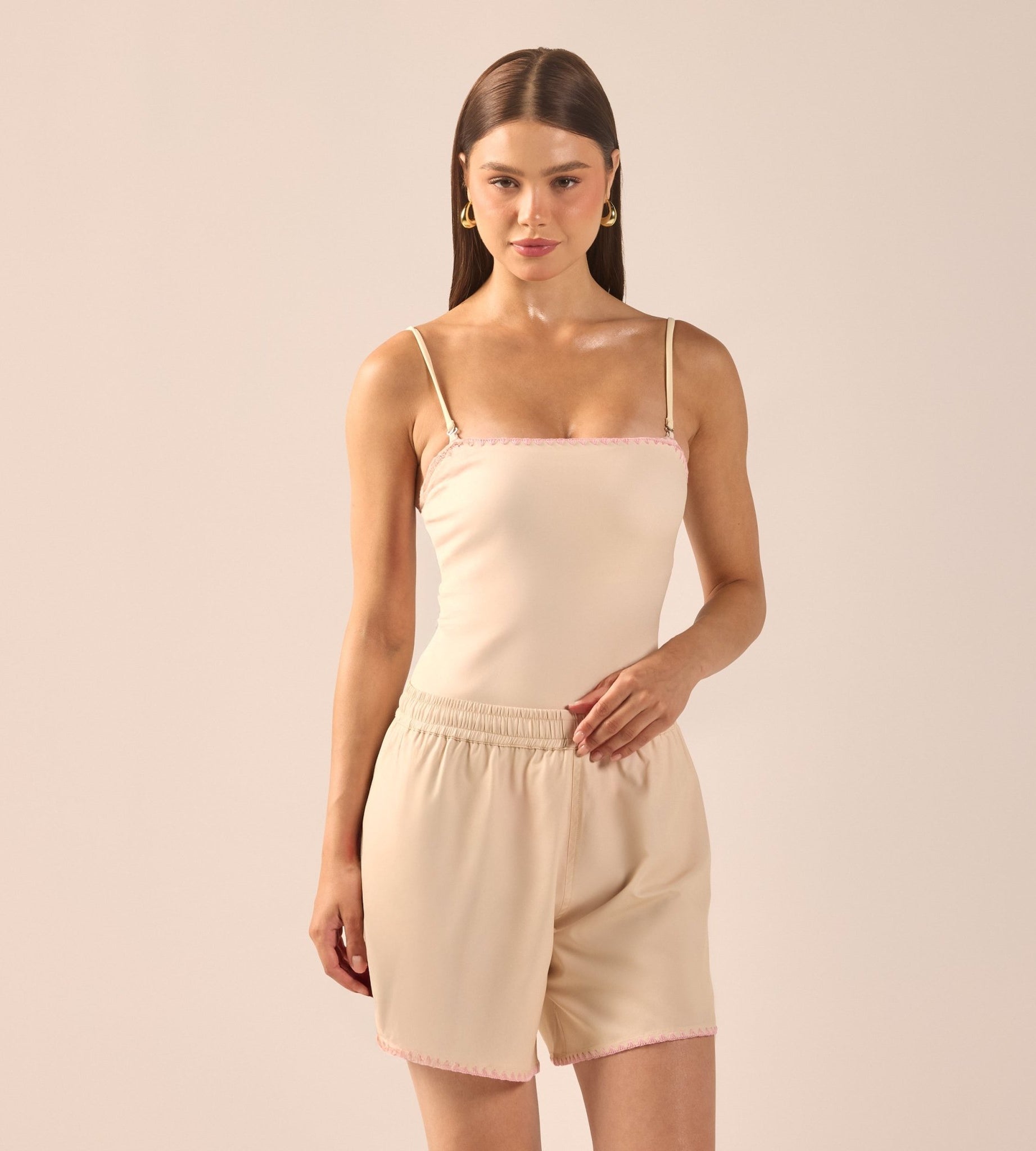 Yellow Wide Leg Swim Shorts with Pink Embroidery - shopaleena