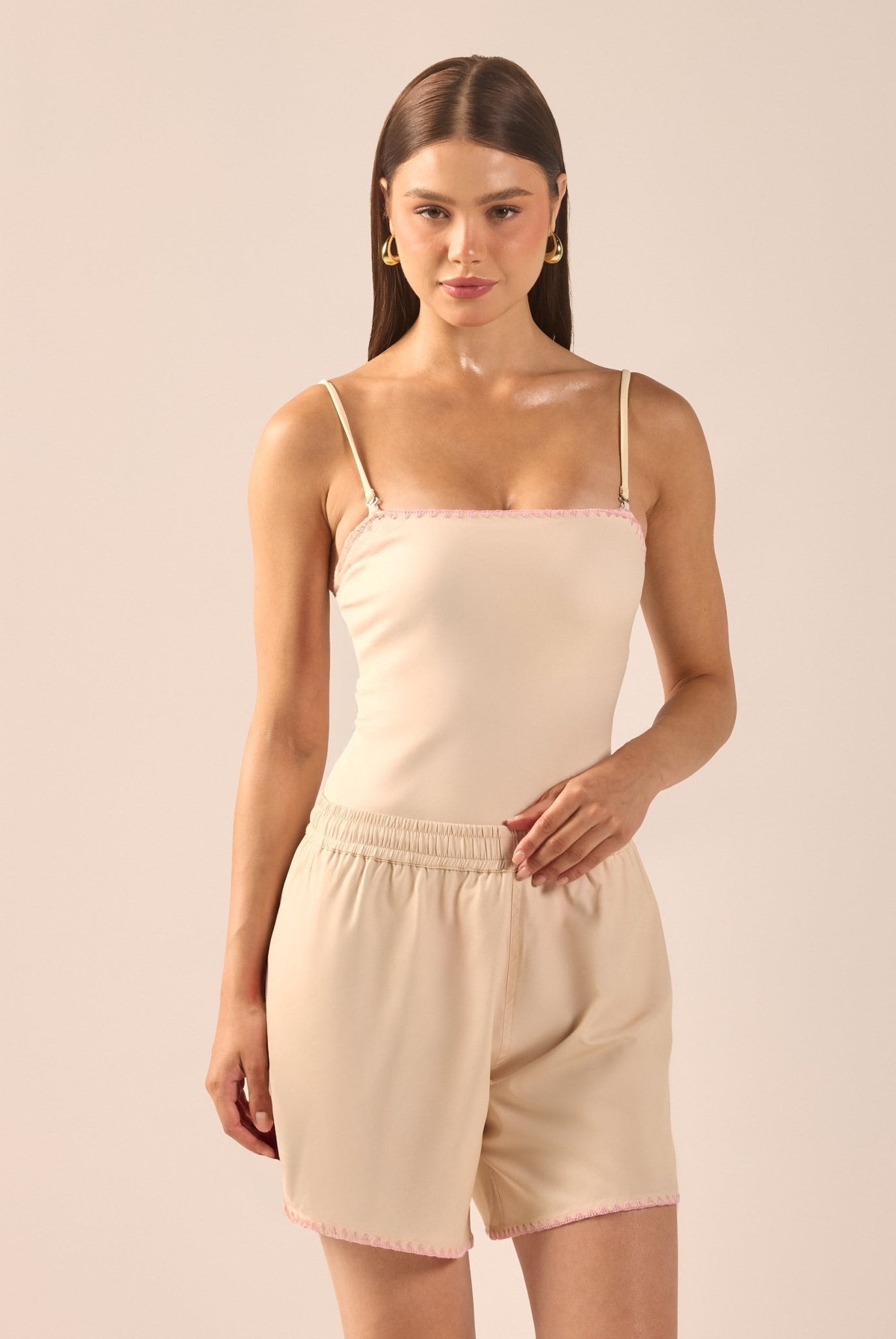 Yellow Wide Leg Swim Shorts with Pink Embroidery - shopaleena