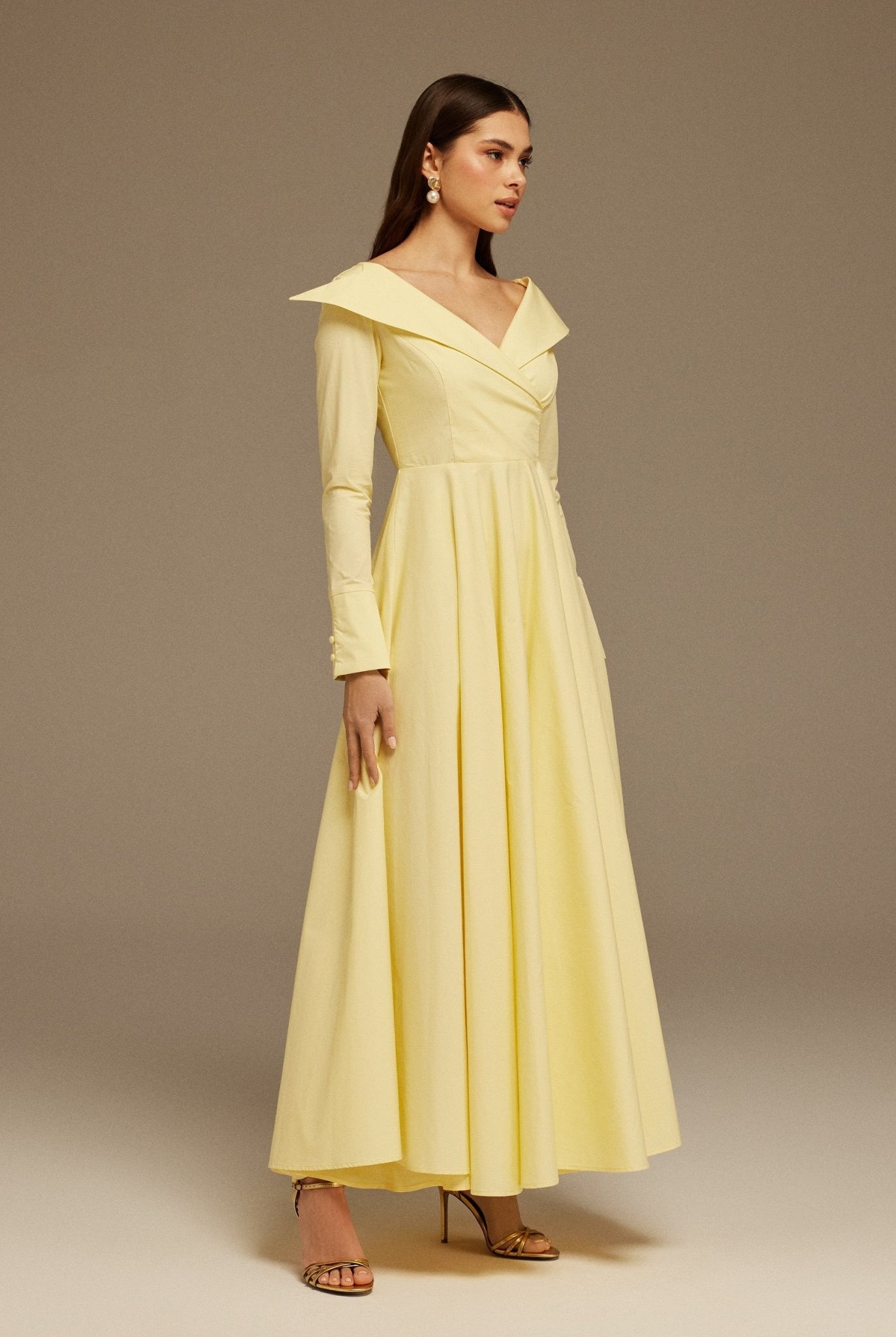 Yellow Wide Neck Long Sleeve Midi Dress - shopaleena