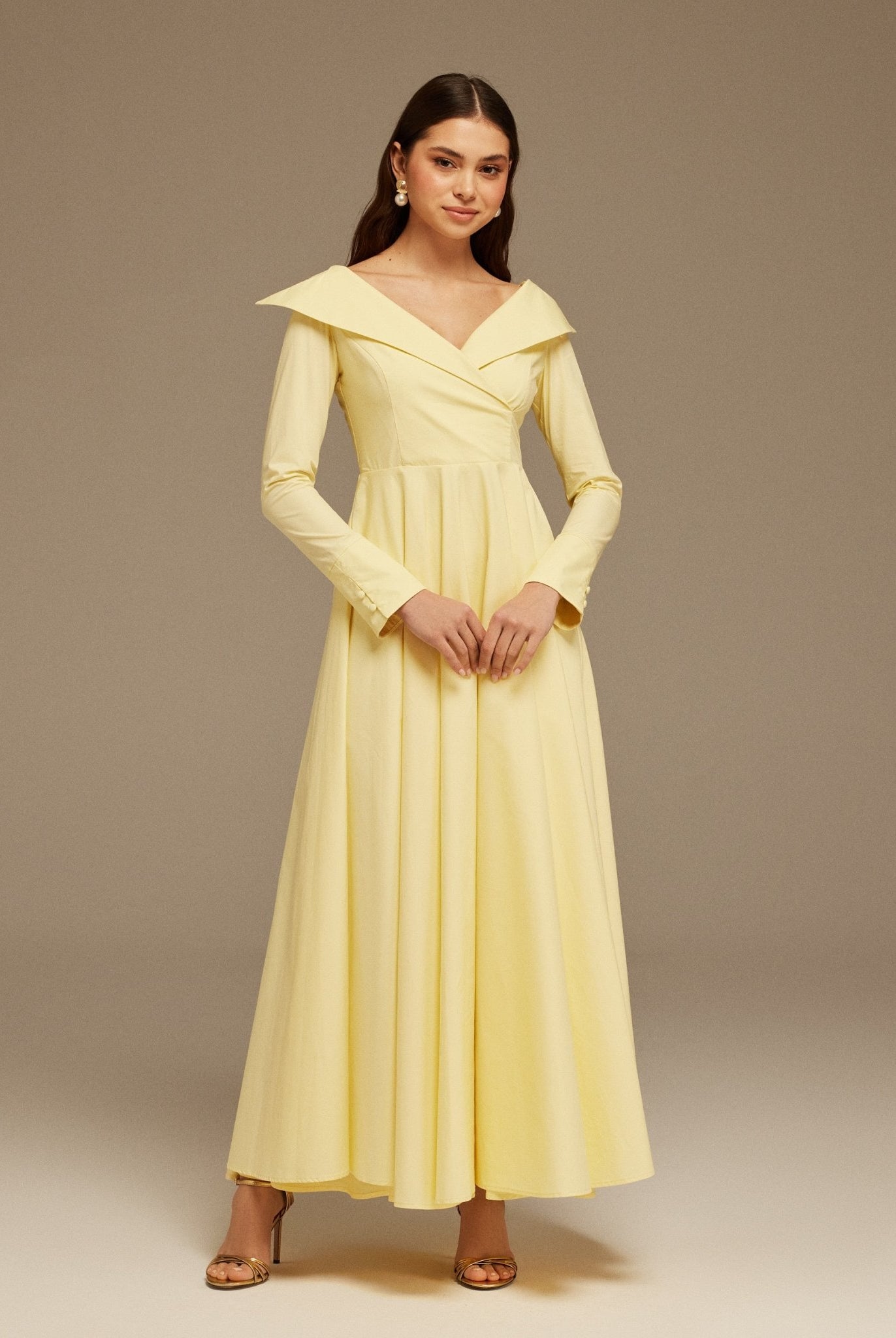Yellow Wide Neck Long Sleeve Midi Dress - shopaleena
