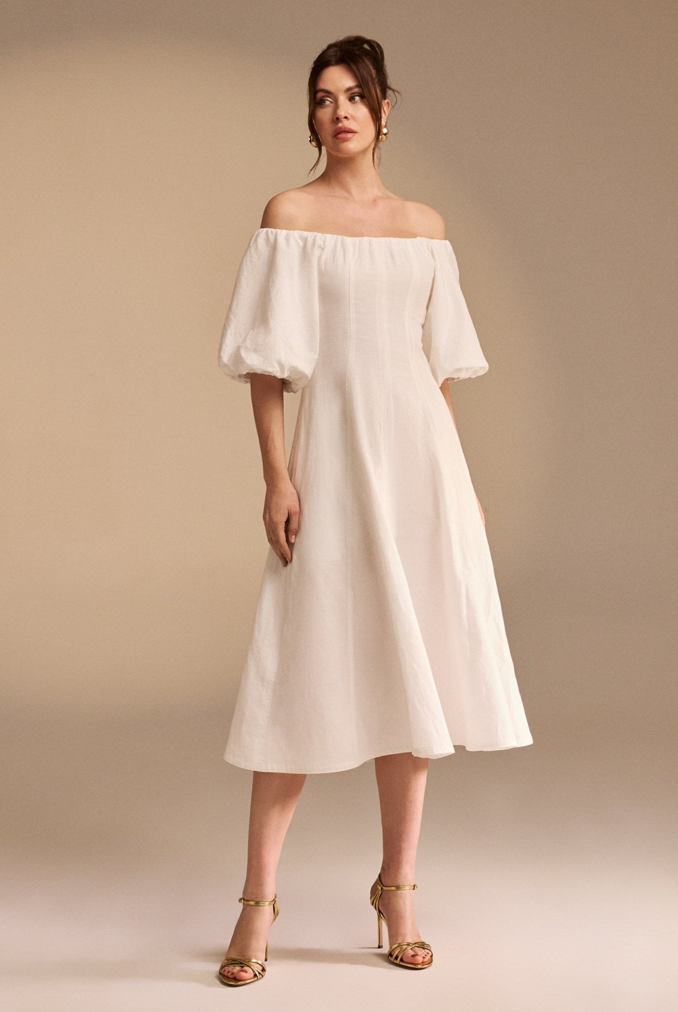 Balloon-Sleeved Off-Shoulder Cotton Midi Dress - shopaleena