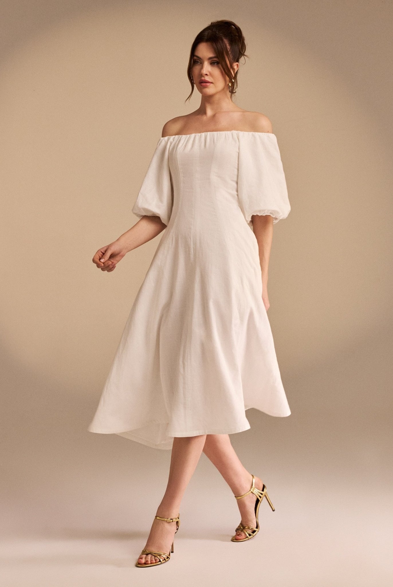 Balloon-Sleeved Off-Shoulder Cotton Midi Dress - shopaleena