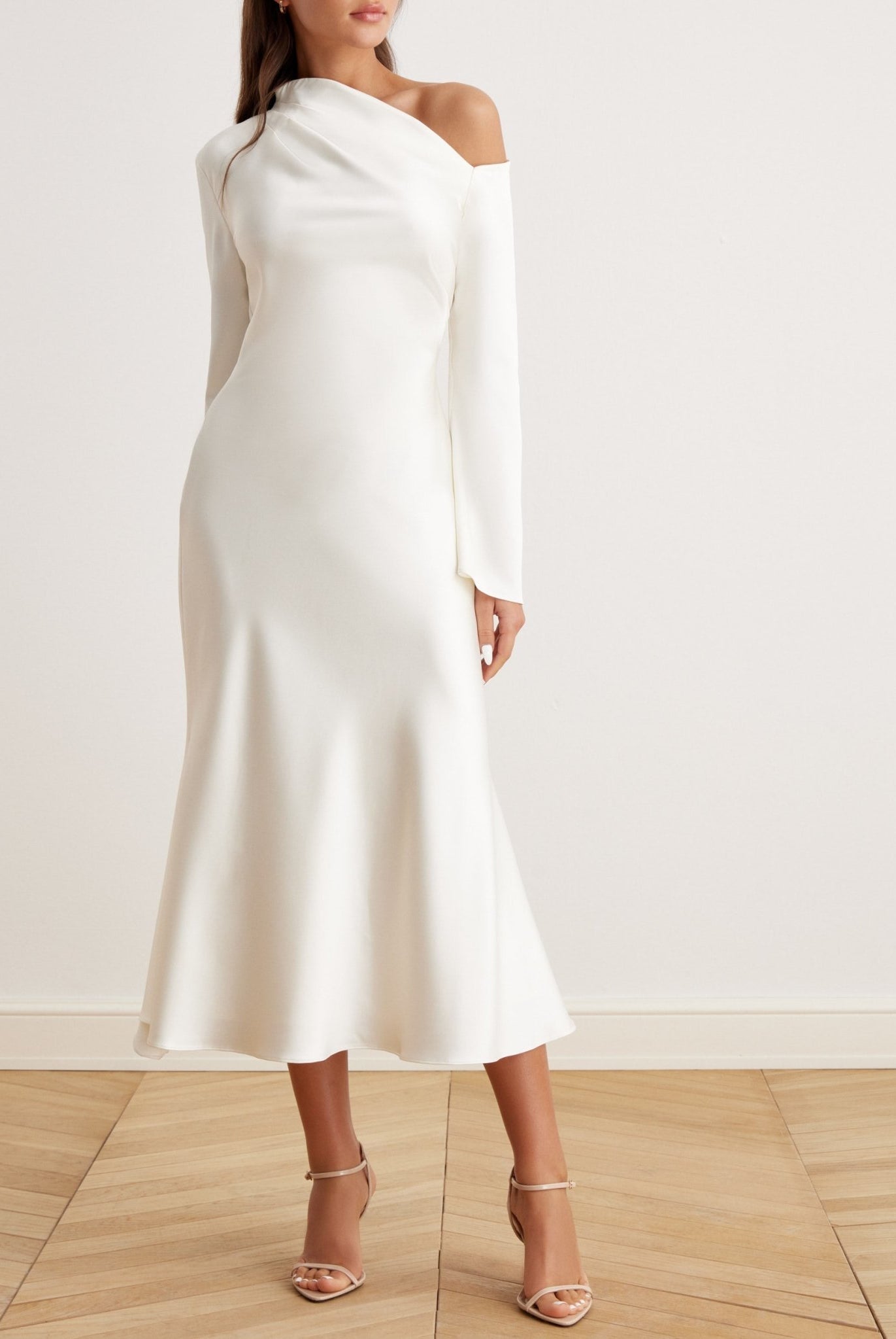 Bare Shoulder Satin Midi Dress - shopaleena