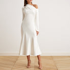 Bare Shoulder Satin Midi Dress - shopaleena