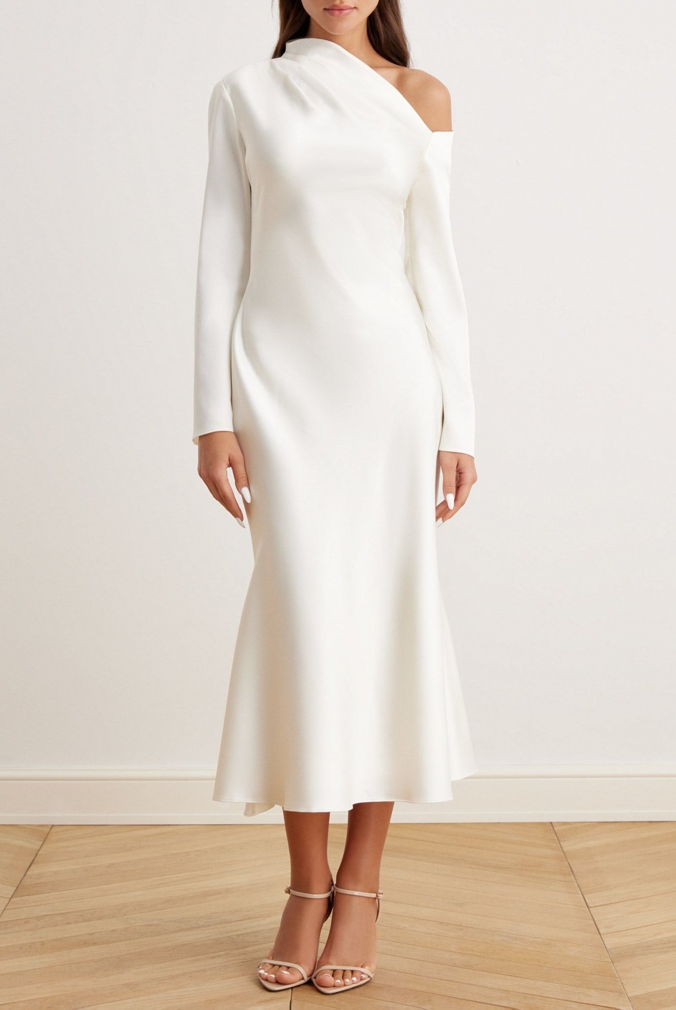 Bare Shoulder Satin Midi Dress - shopaleena