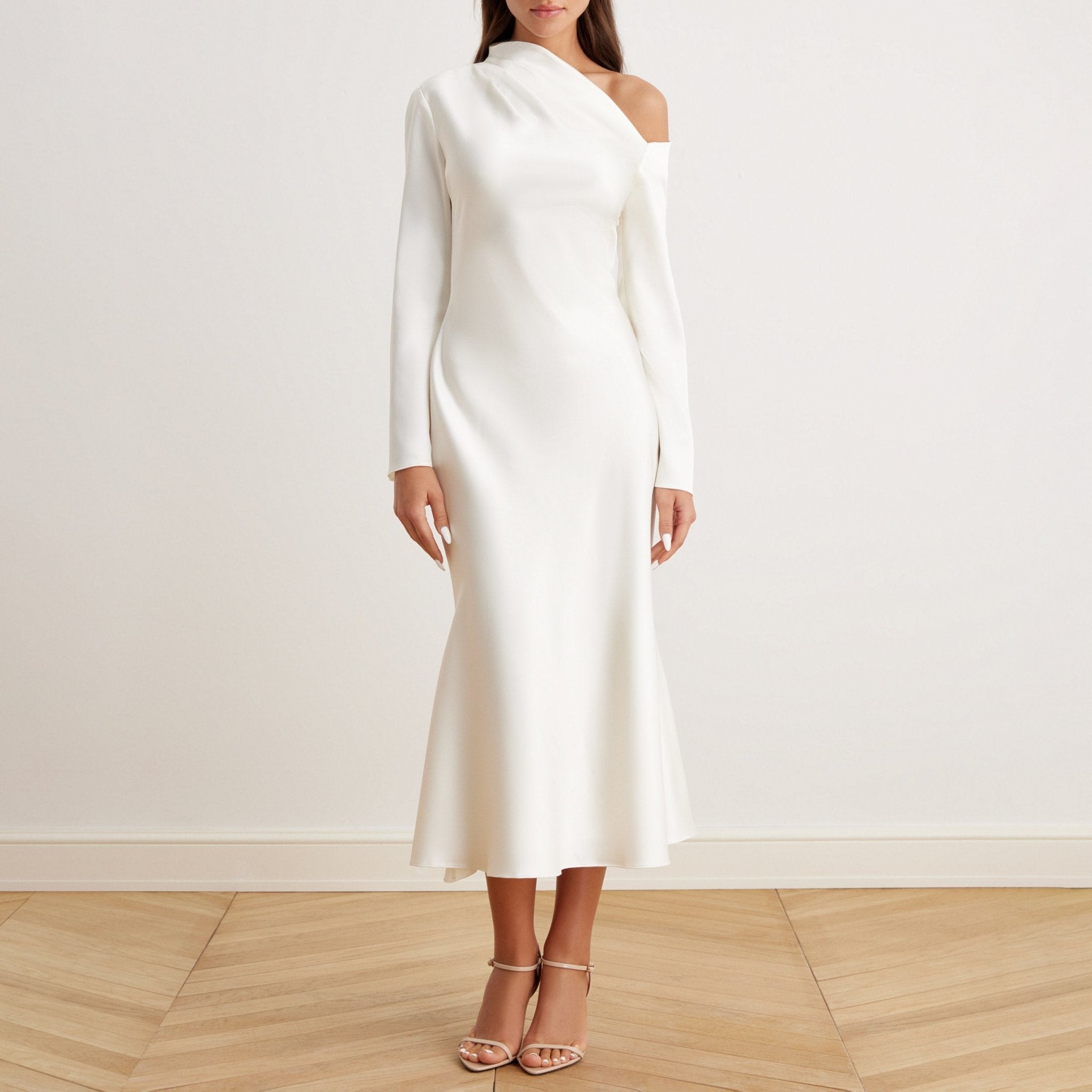 Bare Shoulder Satin Midi Dress - shopaleena