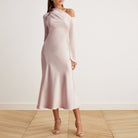Bare Shoulder Satin Midi Dress - shopaleena