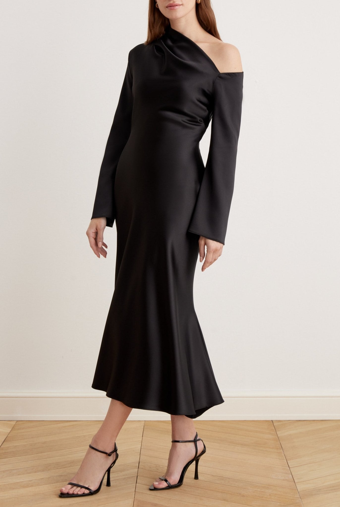 Bare Shoulder Satin Midi Dress - shopaleena