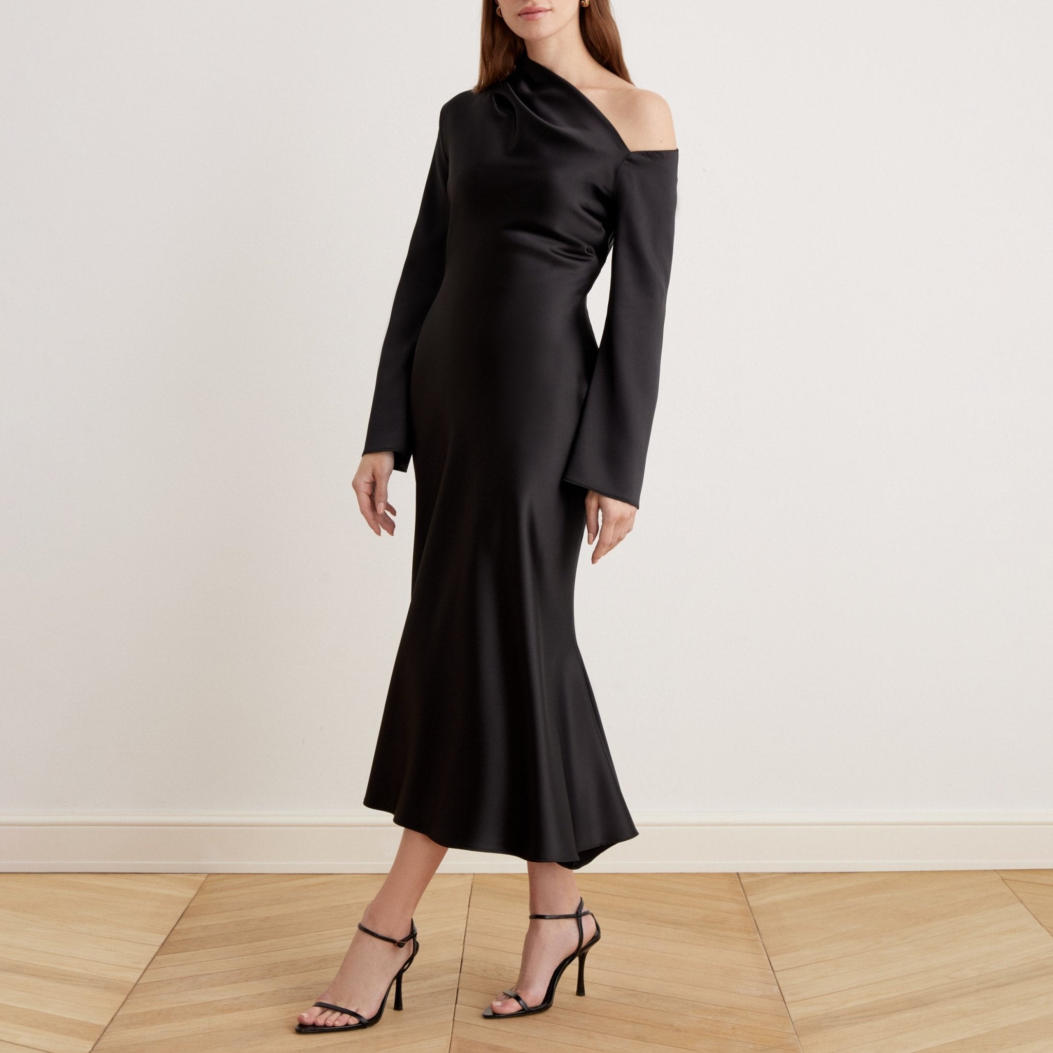Bare Shoulder Satin Midi Dress - shopaleena