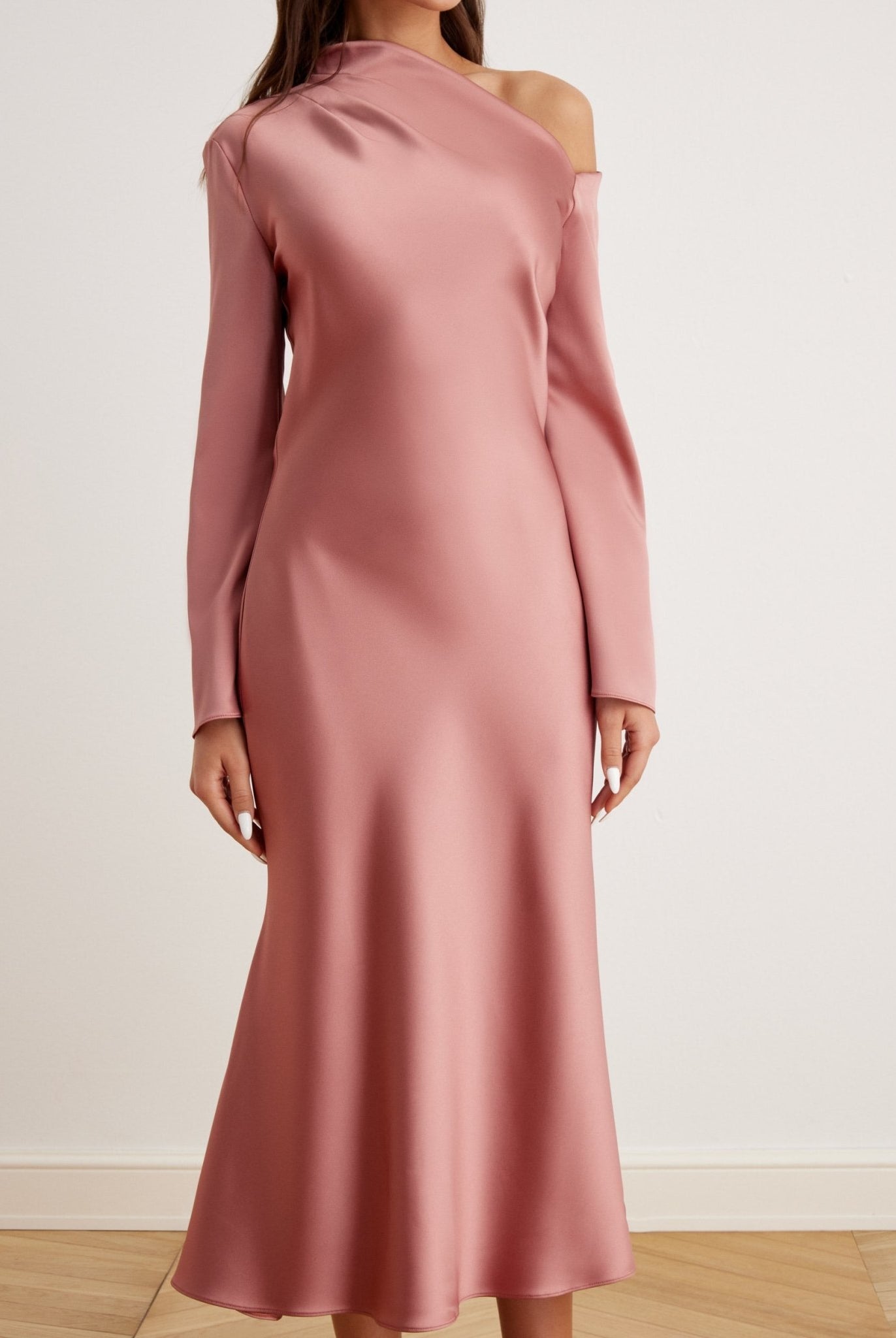 Bare Shoulder Satin Midi Dress - shopaleena