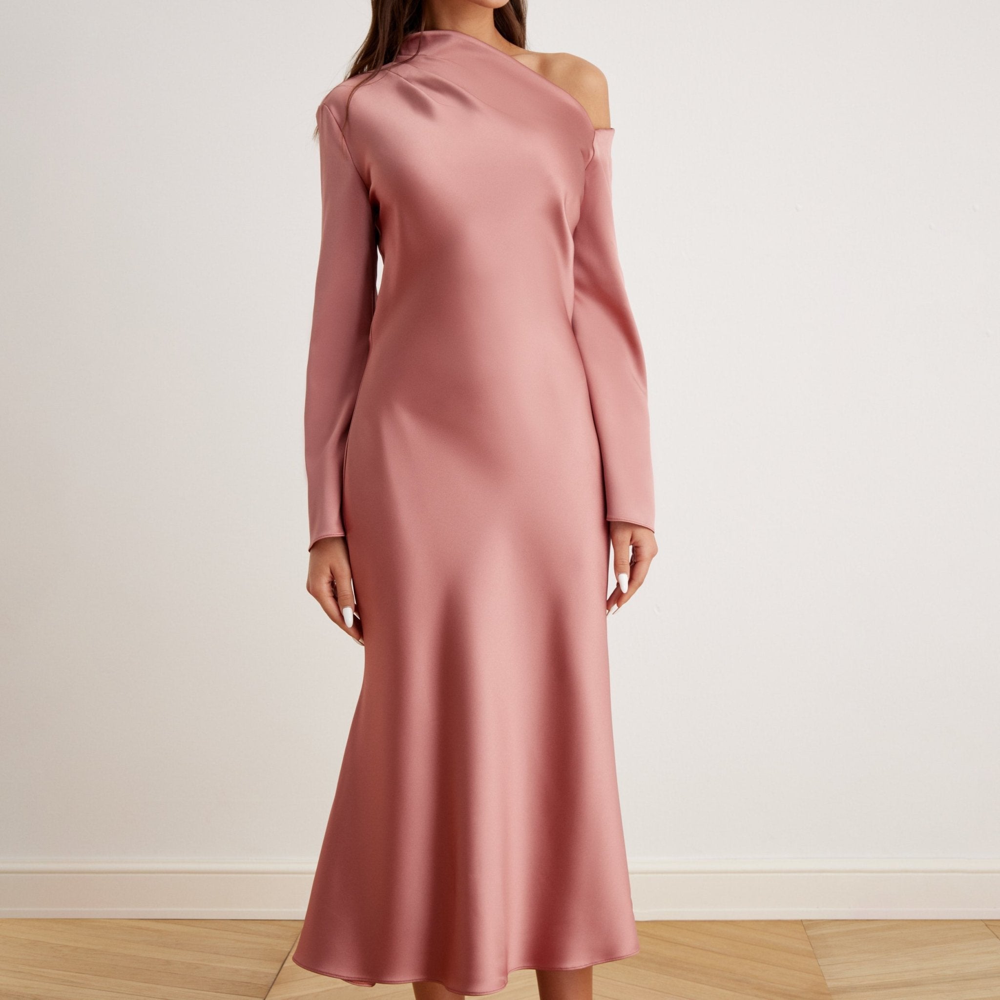 Bare Shoulder Satin Midi Dress - shopaleena