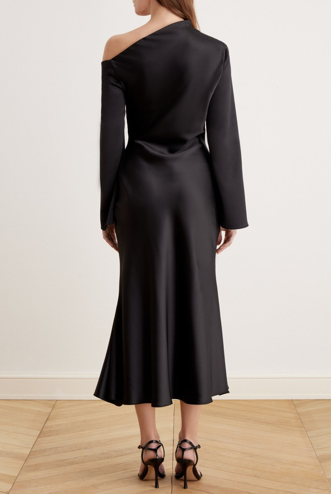 Bare Shoulder Satin Midi Dress - shopaleena