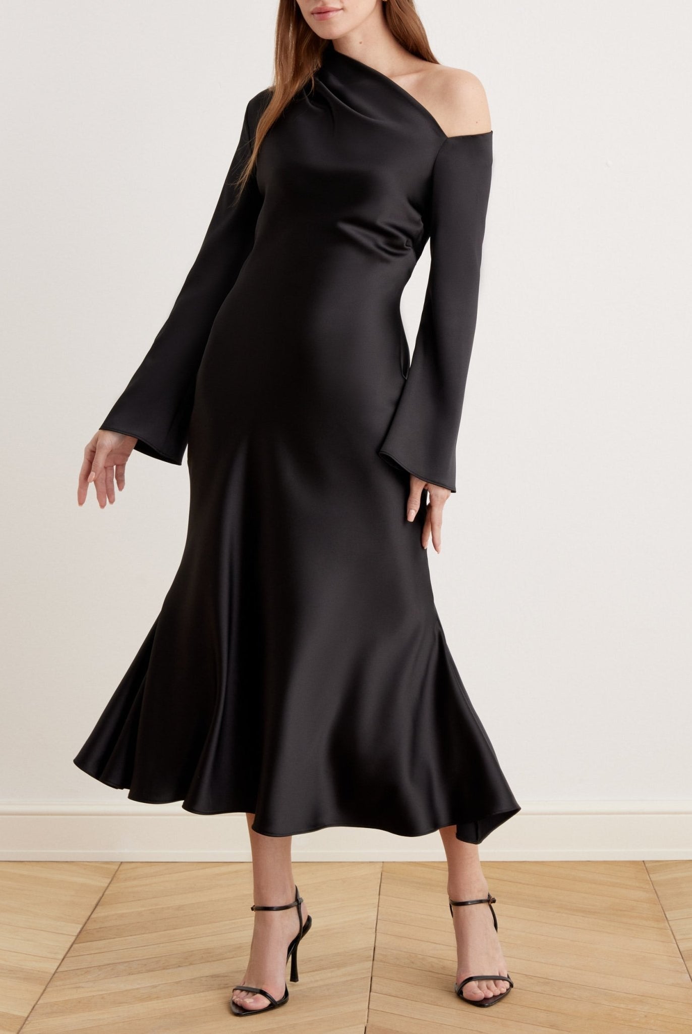 Bare Shoulder Satin Midi Dress - shopaleena