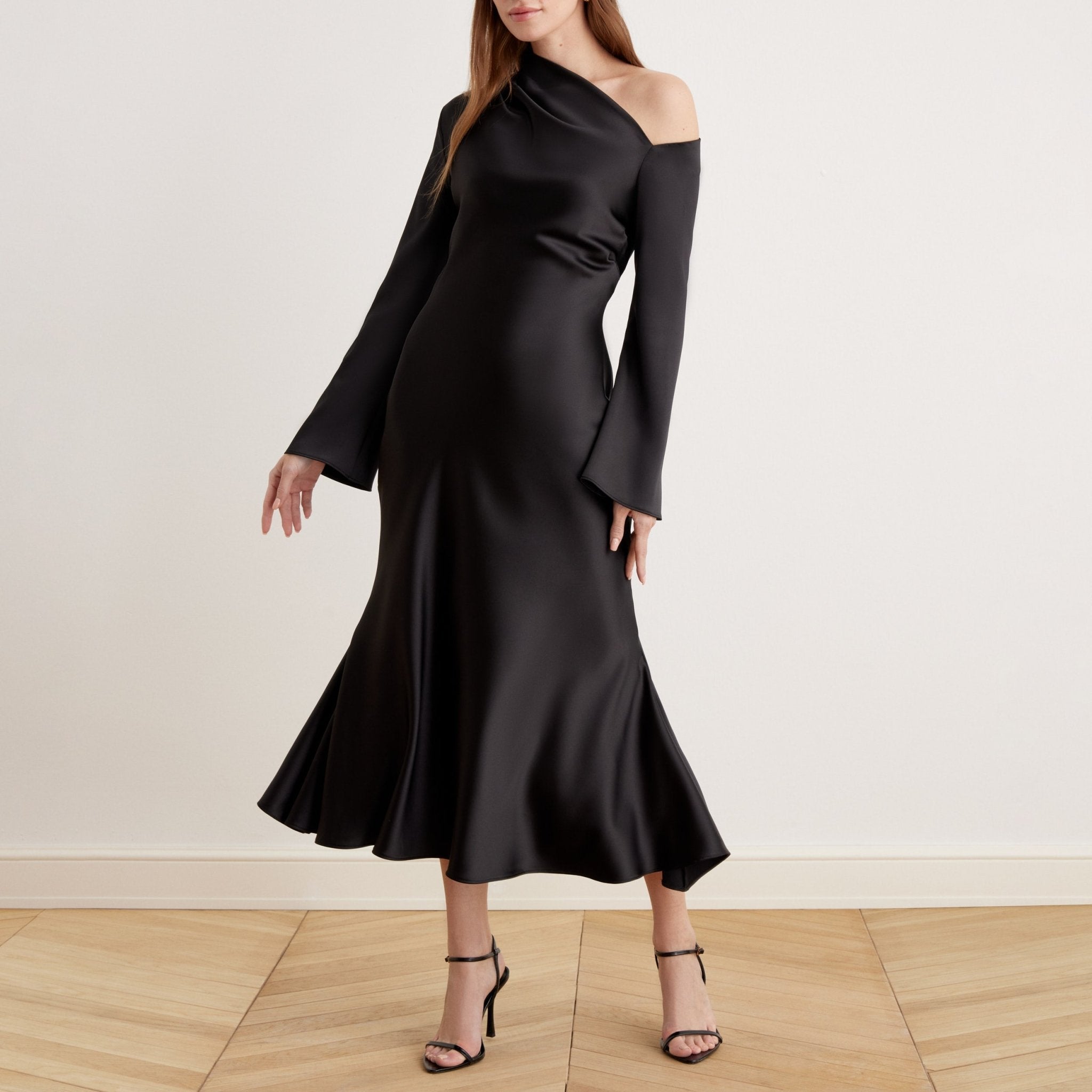 Bare Shoulder Satin Midi Dress - shopaleena