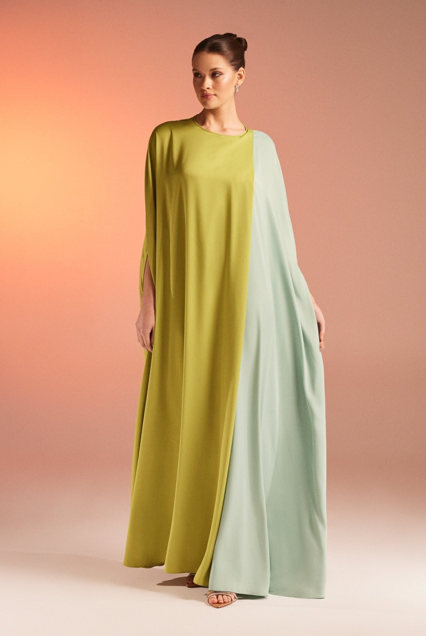 Cape-Effect Draped Satin Kaftan - shopaleena